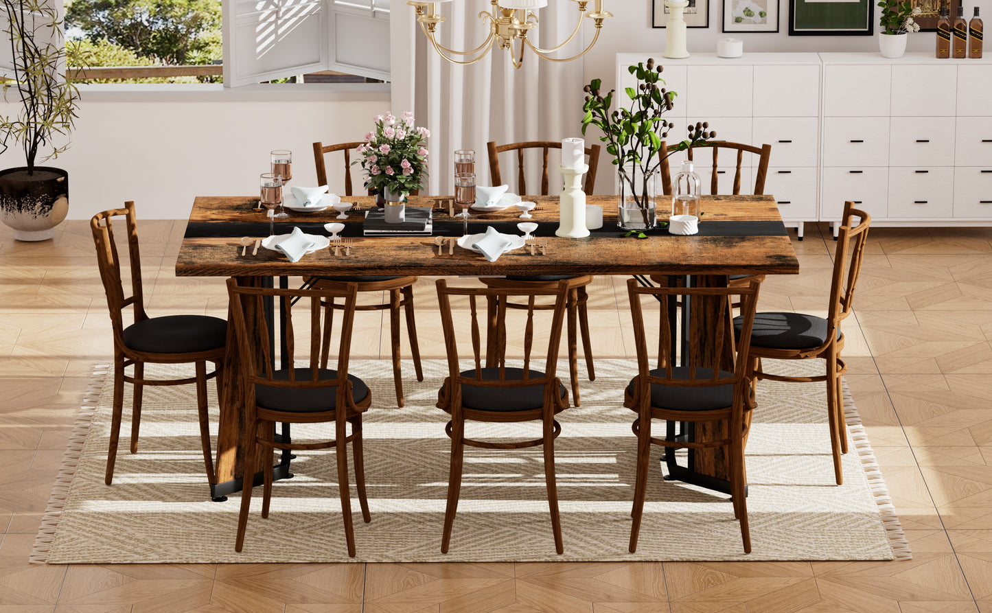 70.9"Rectangular Large Dining Table, Waterproof Large Desk for 8 People, Deluxe Family Dining Table with Adjustable Legs for Kitchen,Living Room,Office, Rustic Brown,70.9''W x 35.4''D x 30.3''H image 5