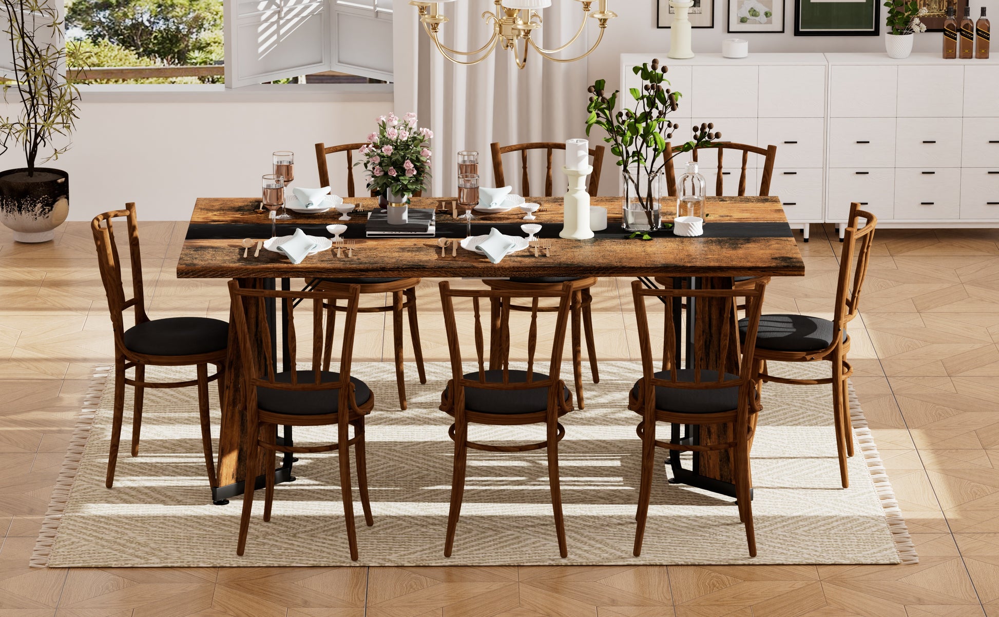 70.9"Rectangular Large Dining Table, Waterproof Large Desk for 8 People, Deluxe Family Dining Table with Adjustable Legs for Kitchen,Living Room,Office, Rustic Brown,70.9''W x 35.4''D x 30.3''H image 5