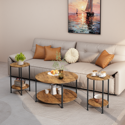 3-Piece Coffee Table and End Table Sets for Living Room, Round Coffee and End Table Set of 3 with Large Storage, Modern Farmhouse Furniture for Apartment Home (Rustic Brown) image 1