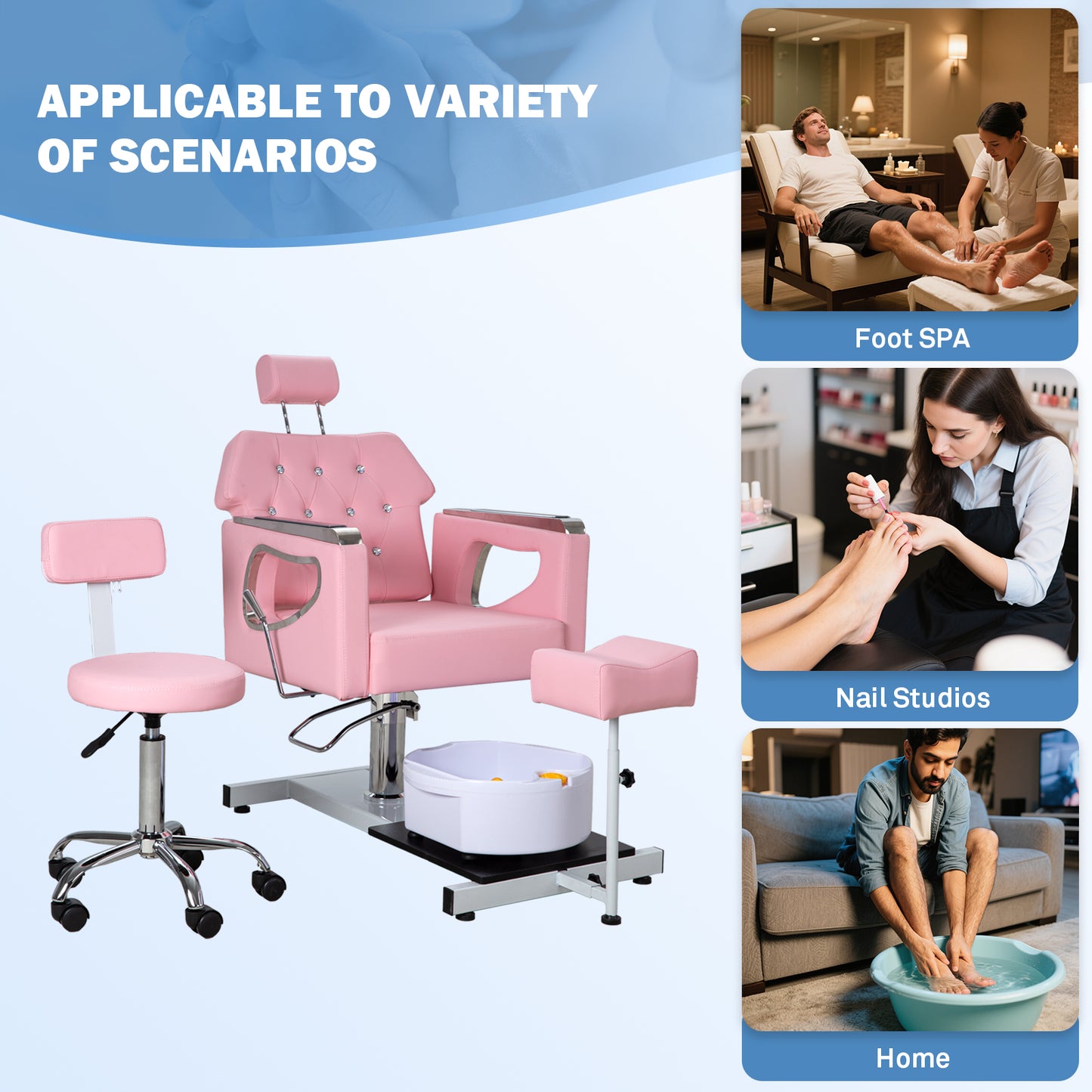 Pedicure Chair No Plumbing,Reclining Pedicure Station Unit with Adjustable Height and 360 Swivel,Hydraulic Foot Spa Chiar with Footrest and Massage Foot Bath, Pink image 4