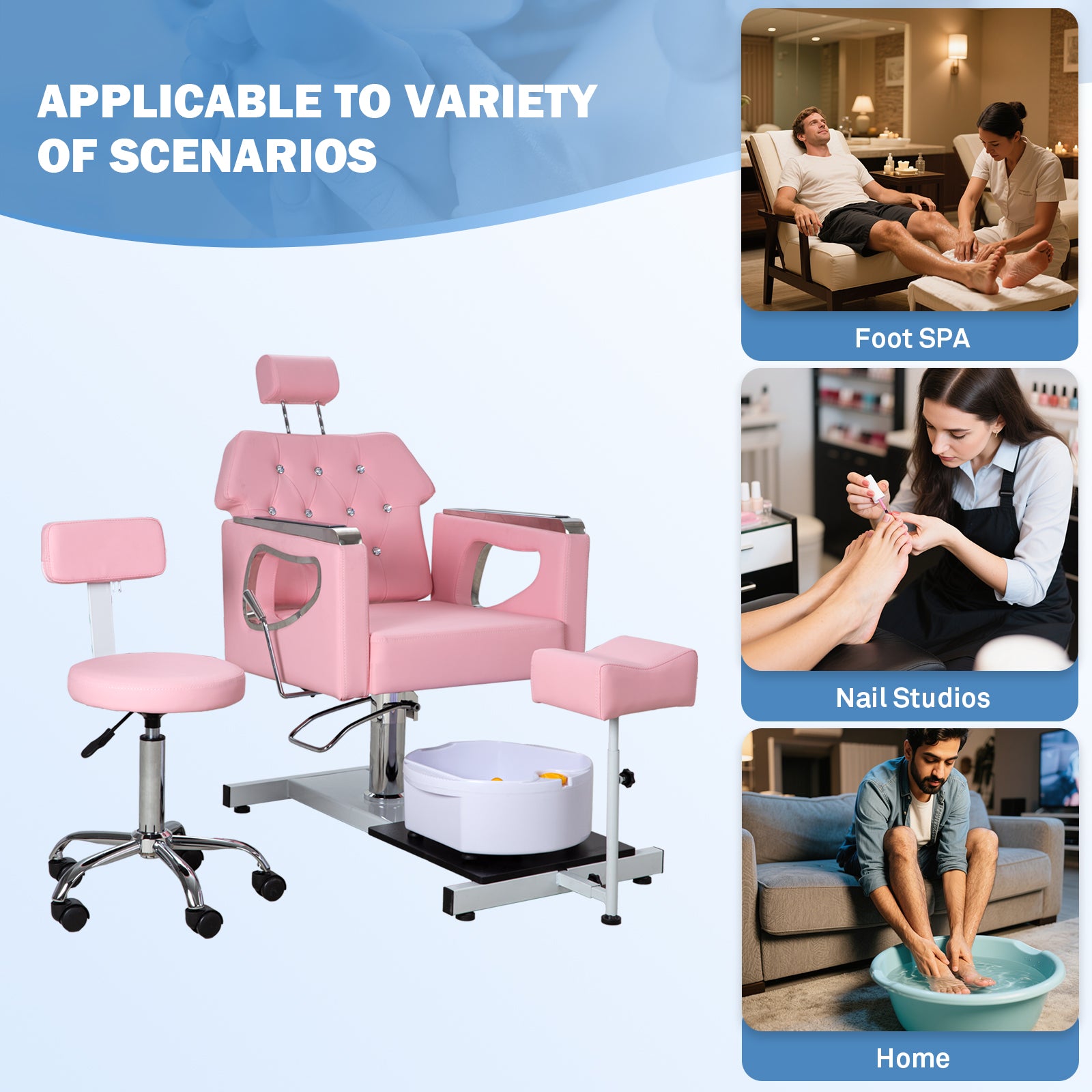 Pedicure Chair No Plumbing,Reclining Pedicure Station Unit with Adjustable Height and 360 Swivel,Hydraulic Foot Spa Chiar with Footrest and Massage Foot Bath, Pink image 4