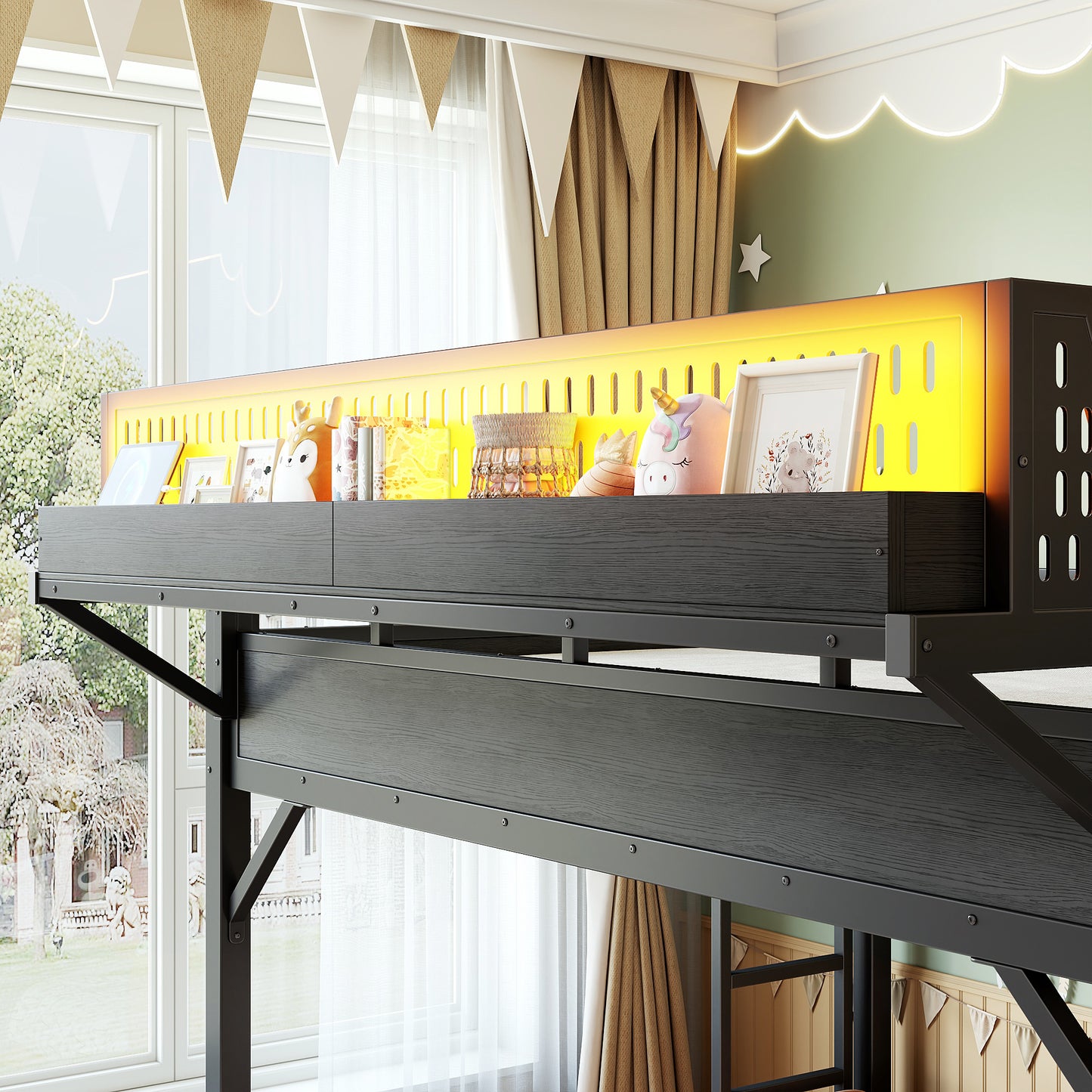 Queen Size Loft Bed with Slide, Storage Shelves and Built-in Wardrobe, Metal Loft Bed Frame with USB Ports and LED Lights, with Pegboard, Safety and Solid, Black image 6