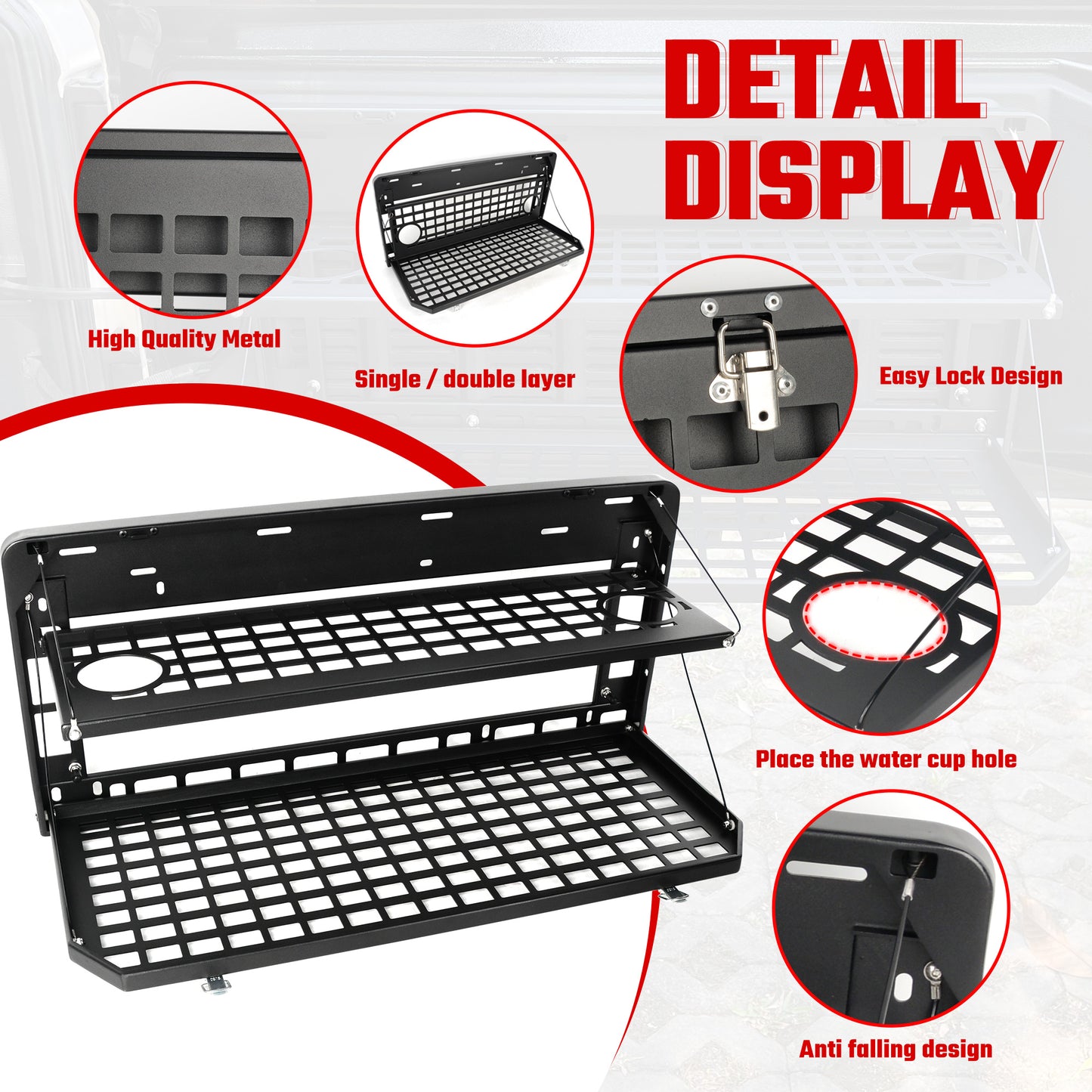 2-Tier Tailgate Table Rear Foldable Storage Cargo Rack Outdoor Camping Desk for 2007-2026 Jeep Wrangler JK&JL 4 Door (Not Fit JK Models with Stock Subwoofer) image 4
