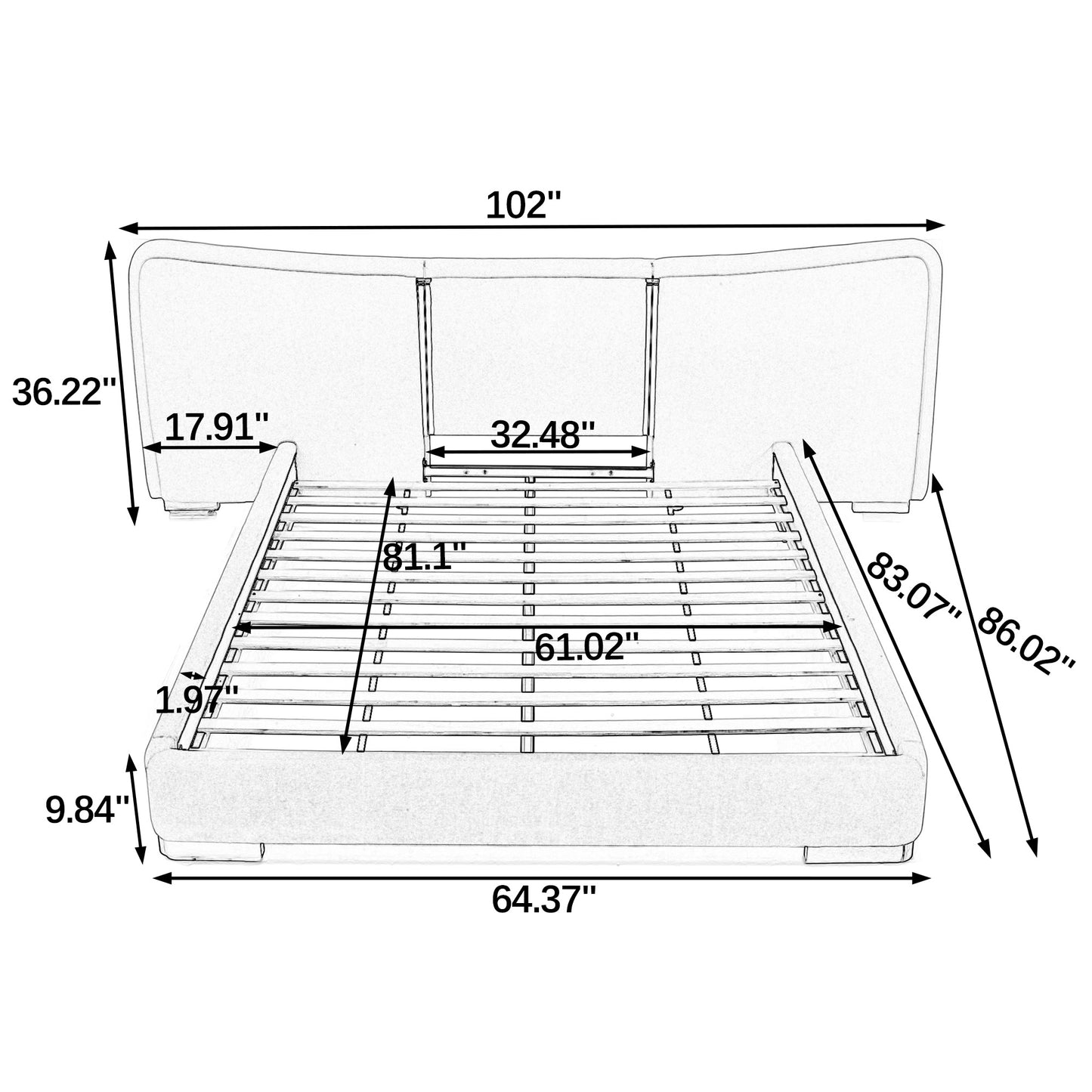 Queen Size Extra Large Platform Bed, Soft Chenille Fabric Frame, Curved Headboard, Reinforced Electroplated Metal Legs, Flexible DIY Side Space Design-Beige image 10