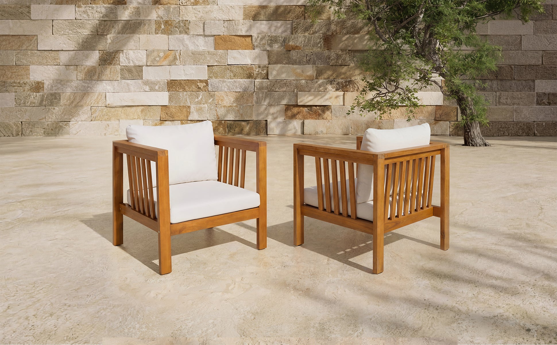 Set of 2 Outdoor Acacia Wood Club Chairs with Modern Square Arms, 2-Piece Patio Conversation Set with Thick Cushions, Adjustable Leveling Feet for Poolside, Backyard & Deck, Beige Cushions image 10