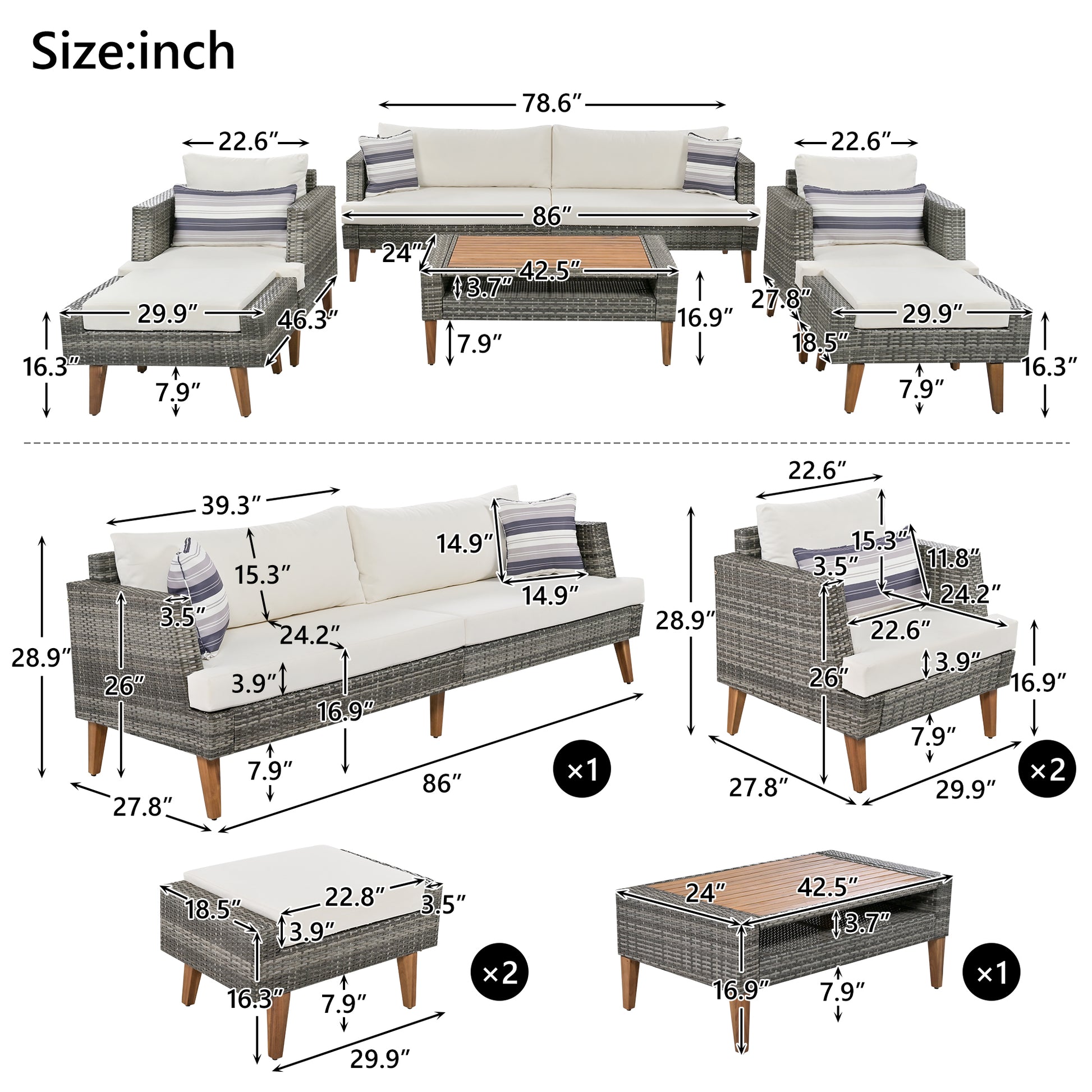 <Old SKU: FG201219AAA> 6-Pieces All Weather PE Wicker Sofa Set, Outdoor Rattan sofa With Double Cushions, Wood Legs Wood Table Top, Beige and Gray image 8