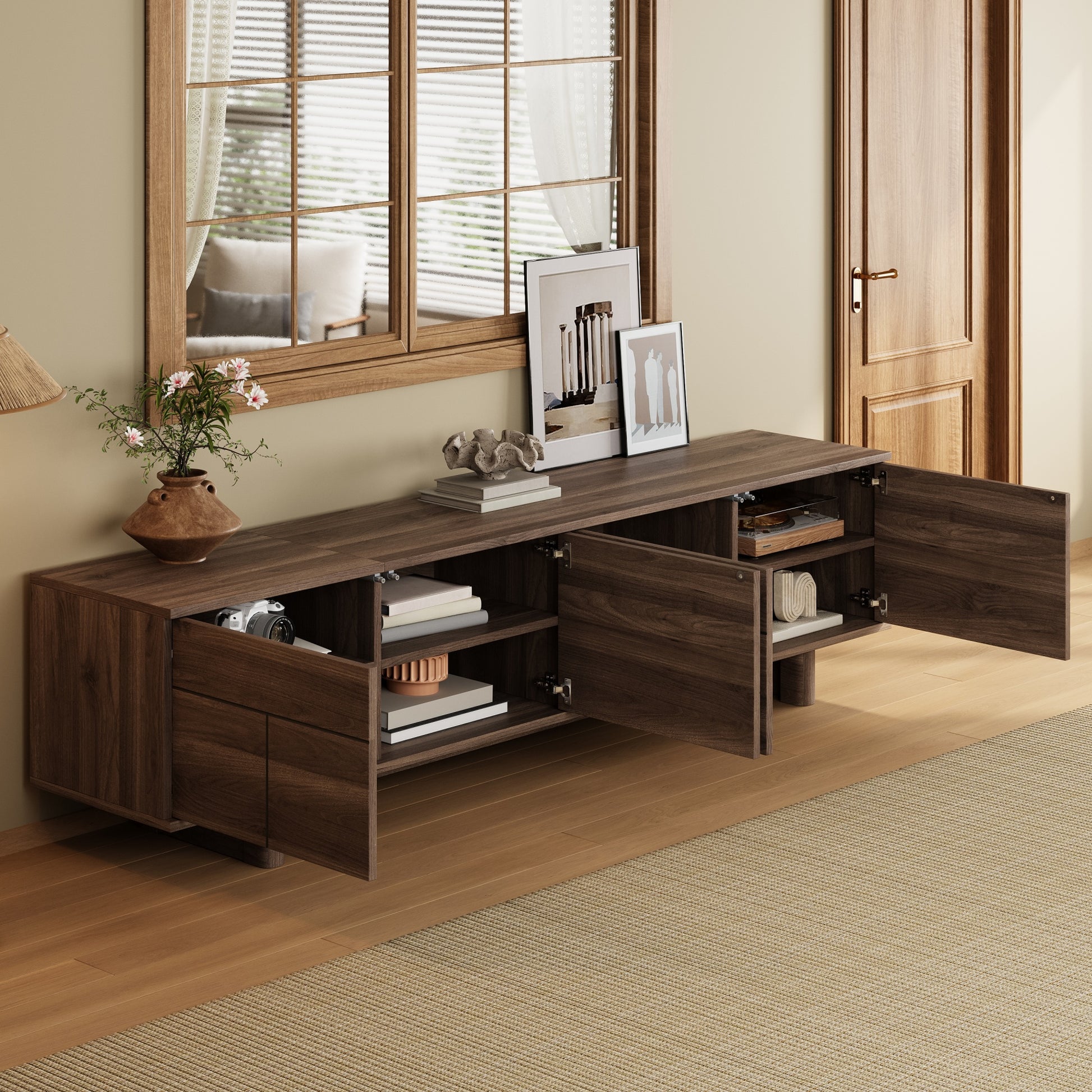 78 inch Modern TV Stand for TVs up to 85", Entertainment Center with with Solid Wood Legs, Cable Management, Push-Openers, Soft-Closing Hinges & Adjustable Shelves for Living Room image 2