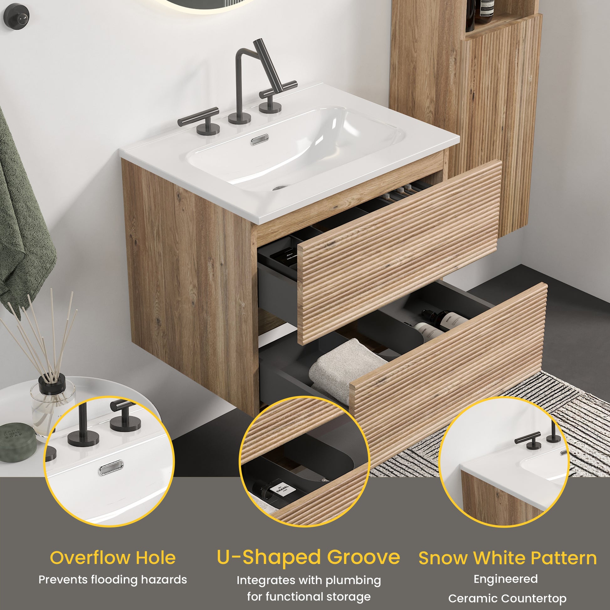 Gloria 24" Wall Mounted Rough Oak&Rough Oak Bathroom Vanity with Integrated Ceramic Sink with 3 holes, Overflow, Large Storage Floating Bathroom Vanity for Modern Bathroom, KD image 4