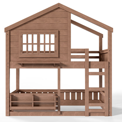 Twin Size Bunk Bed/Loft Bed with Bookshelf, House Design, High-Quality Safety Fencing,Natural image 8