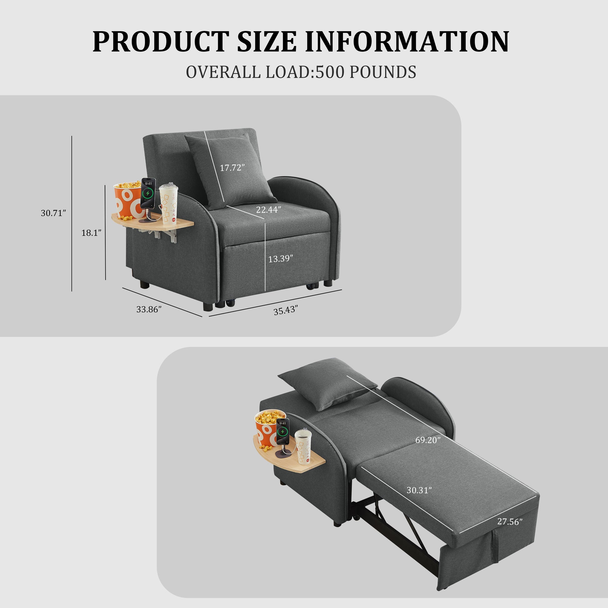 Sleeper Sofa Chair Bed, 3 In 1 Convertible Sofa Chair With Adjustable Backrest & Foldable Table & USB, Type-C, Adjustable Recliner, Armchair For Living Room Bedroom Apartment Small Space,Darkgray image 2