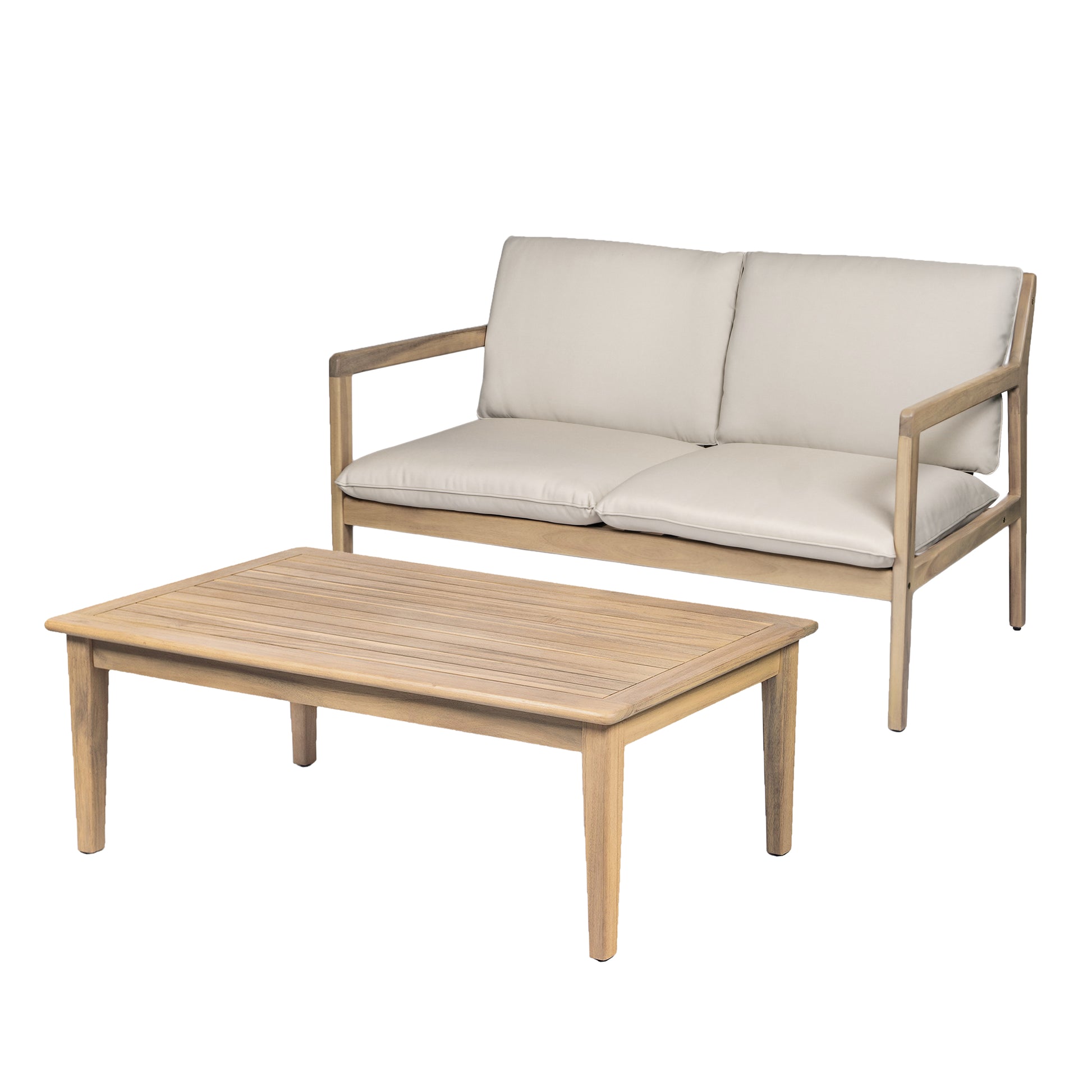 Outdoor Acacia Wood Loveseat with Coffee Table, Light Teak Frame, Beige Cushion image 2
