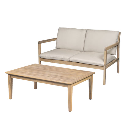 Outdoor Acacia Wood Loveseat with Coffee Table, Light Teak Frame, Beige Cushion image 2
