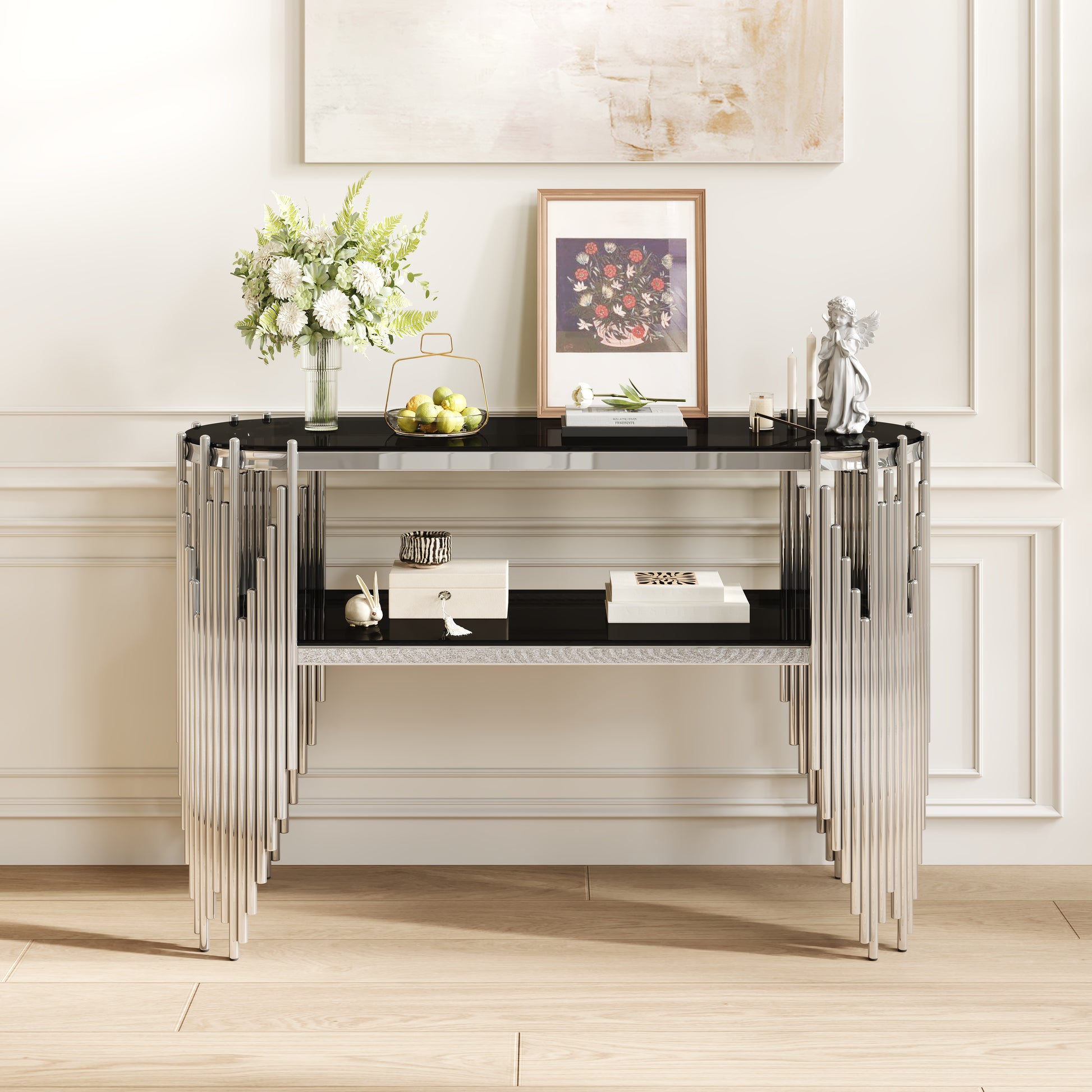 Luxury Silver Console Table with 2-Tier Black Tempered Glass Shelves, Modern Oval Entryway Table for Hallway & Living Room, Polished Stainless Steel Frame, 47" x 15.7" x 31.5" image 2