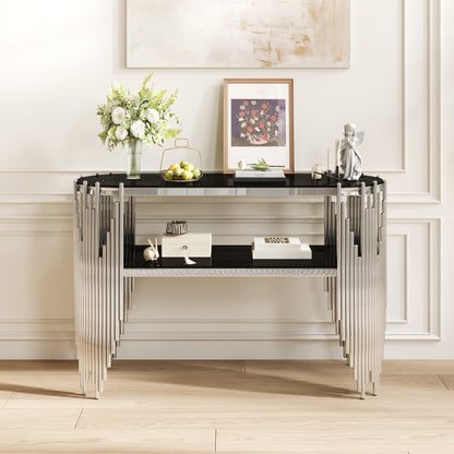 Luxury Silver Console Table with 2-Tier Black Tempered Glass Shelves, Modern Oval Entryway Table for Hallway & Living Room, Polished Stainless Steel Frame, 47" x 15.7" x 31.5" image 2