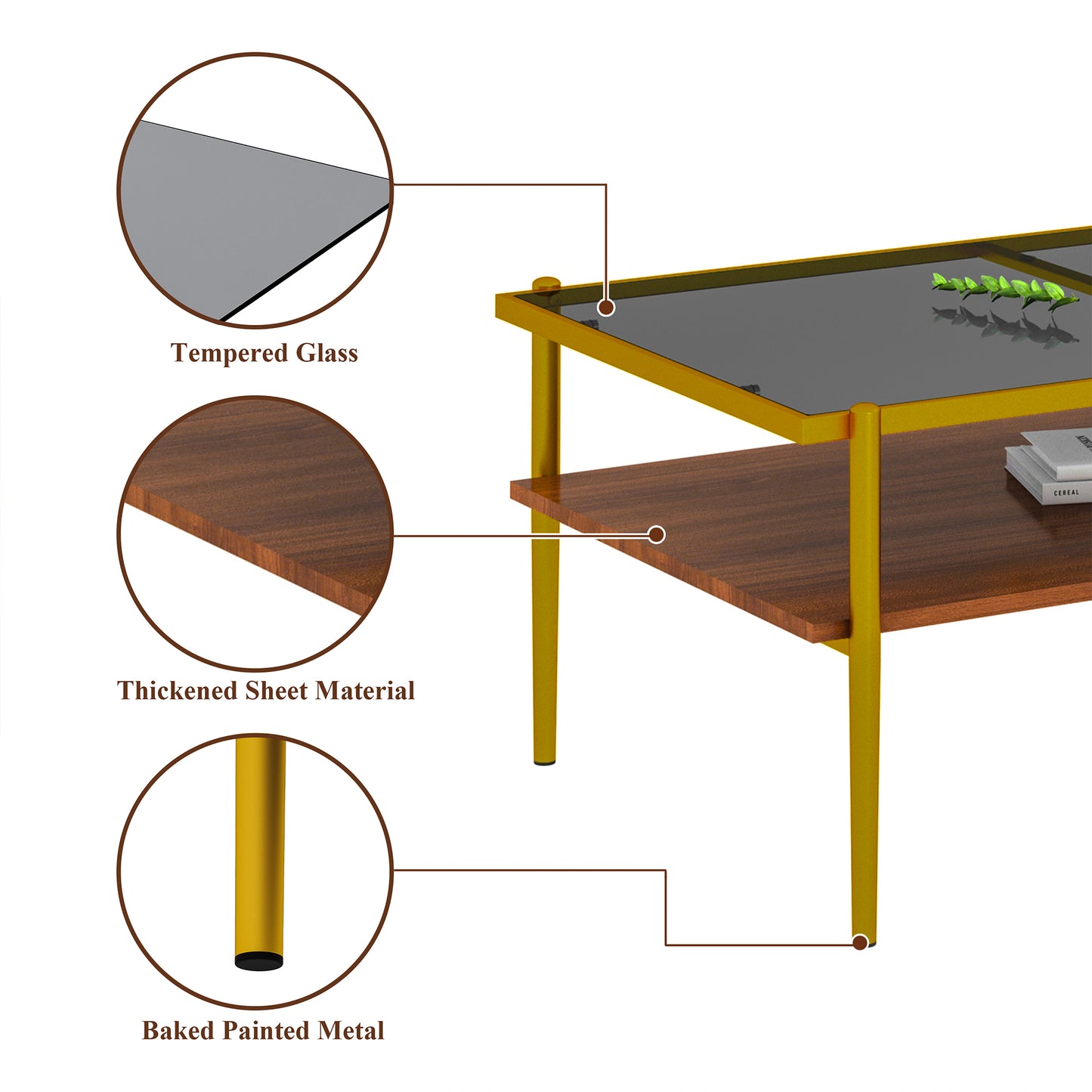 Rectangle Coffee Table with Gray Tempered Glass top and Golden Legs, Modern Table for Living Room image 6