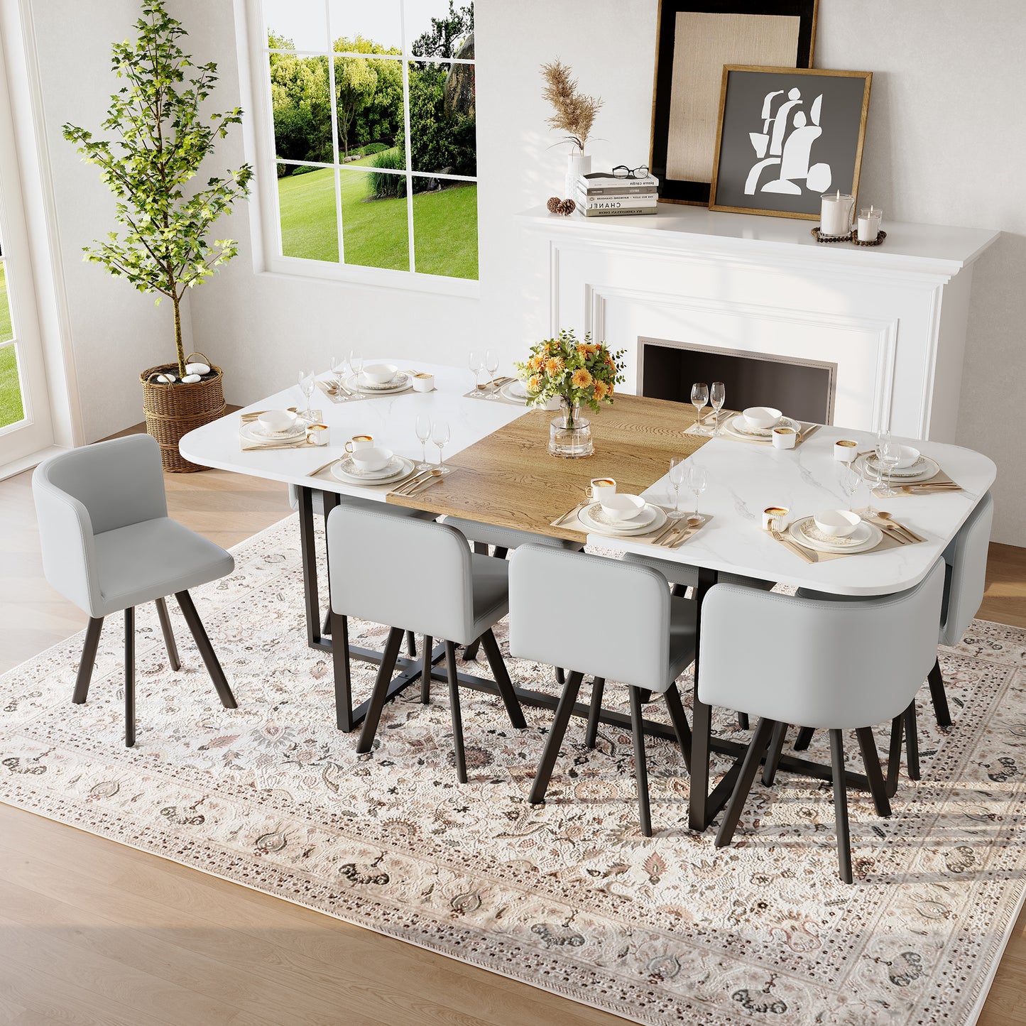 9-Piece Square Dining Table Set, Fixed White Faux Marble & Wood Grain Triamine Tabletop with 8 Gray PU Leather Chairs, Modern Kitchen Table Set for 8 People, Ideal for Family Gatherings, Dining Room image 1