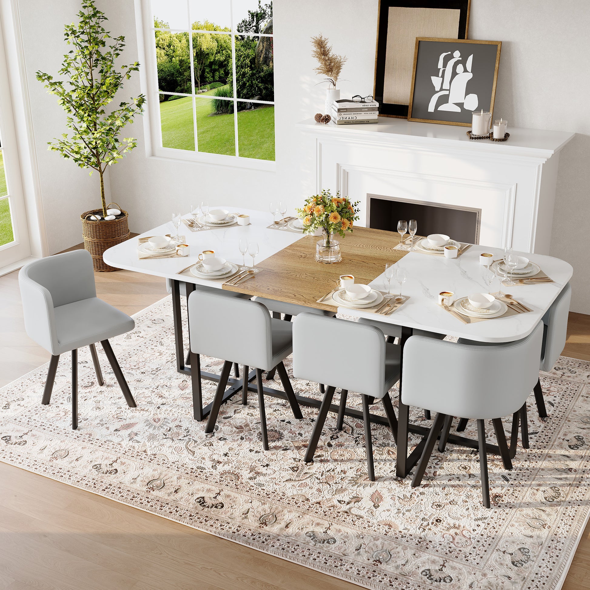 9-Piece Square Dining Table Set, Fixed White Faux Marble & Wood Grain Triamine Tabletop with 8 Gray PU Leather Chairs, Modern Kitchen Table Set for 8 People, Ideal for Family Gatherings, Dining Room image 1
