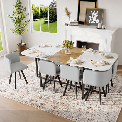 9-Piece Square Dining Table Set, Fixed White Faux Marble & Wood Grain Triamine Tabletop with 8 Gray PU Leather Chairs, Modern Kitchen Table Set for 8 People, Ideal for Family Gatherings, Dining Room image 1