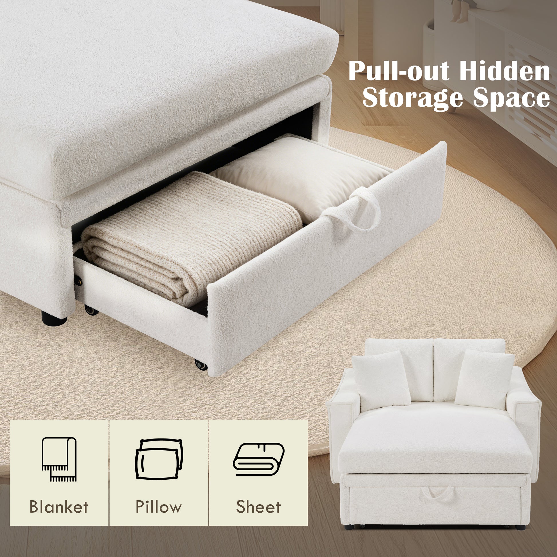 Modern Chaise Sofa 53.5" Sofa Couch Sofa Bed Sleeper Sofa with Pillows and Hidden Storage Space for Living Room, Bedroom, Beige image 9