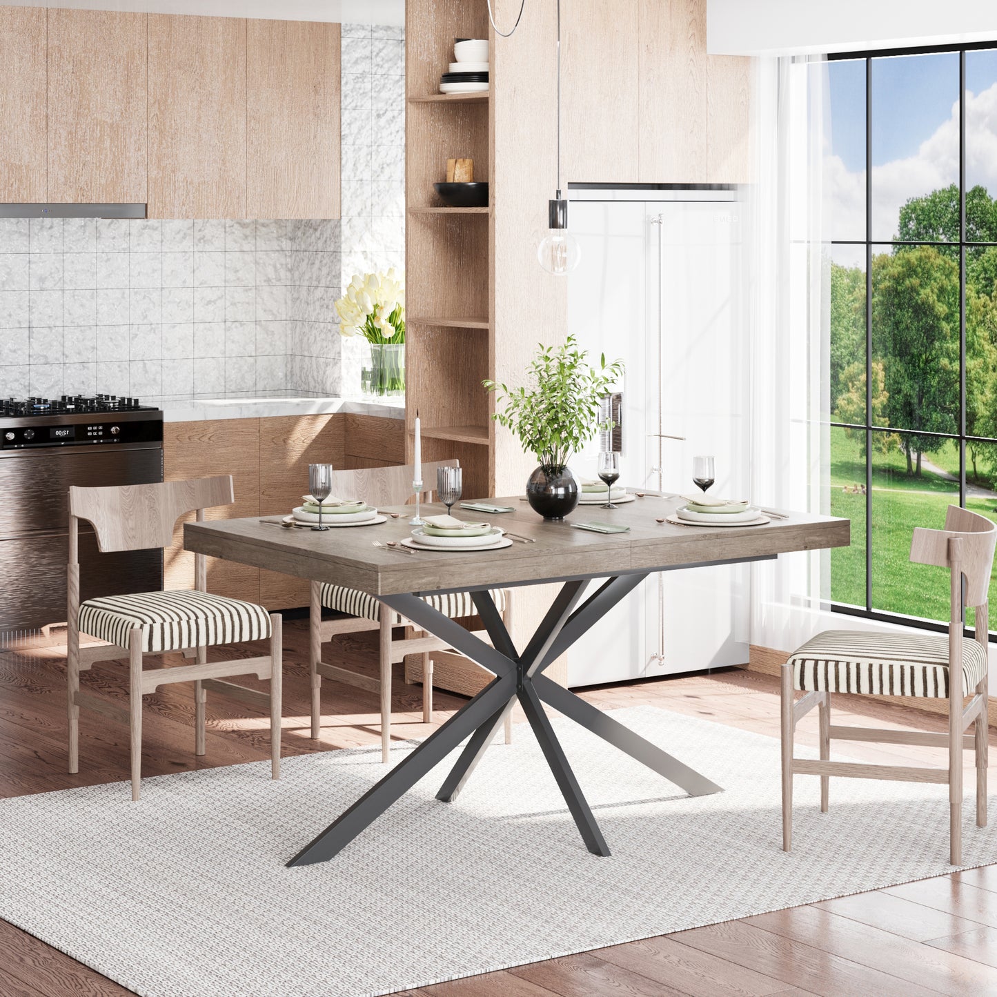 55.11"-70.86"Retro Rectangular Stretch Dining Table, Grey Carole Top With Same Color Embossed Center Plate,With Storage Box,Suitable for dining rooms, kitchens, and living rooms,Grey image 2