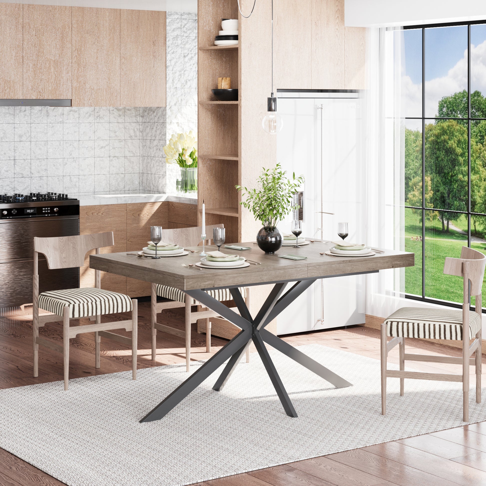 55.11"-70.86"Retro Rectangular Stretch Dining Table, Grey Carole Top With Same Color Embossed Center Plate,With Storage Box,Suitable for dining rooms, kitchens, and living rooms,Grey image 2