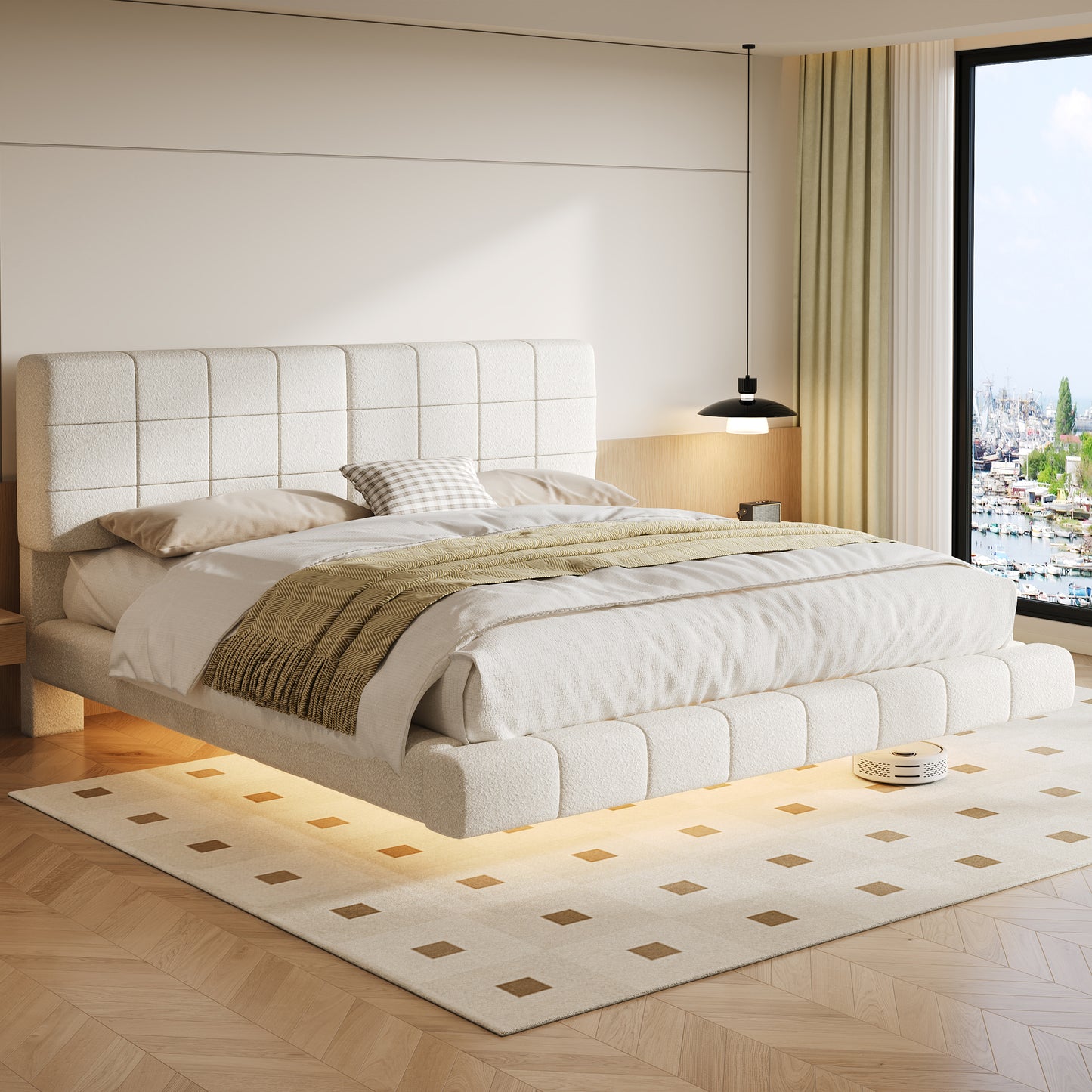 White Boucle Floating Bed with Light,King image 11