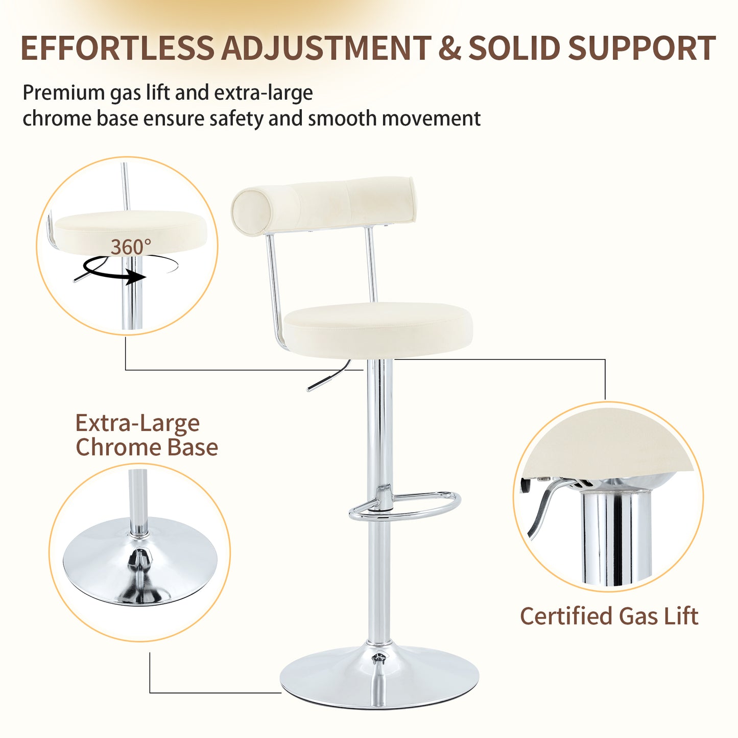Soft Velvet Upholstered Swivel Adjustable Bar Chair with Chrome Silver Legs - Dining Room Living Room Bar Cafe Reception Desk Bar Stool(Off White, Set of 2) image 5