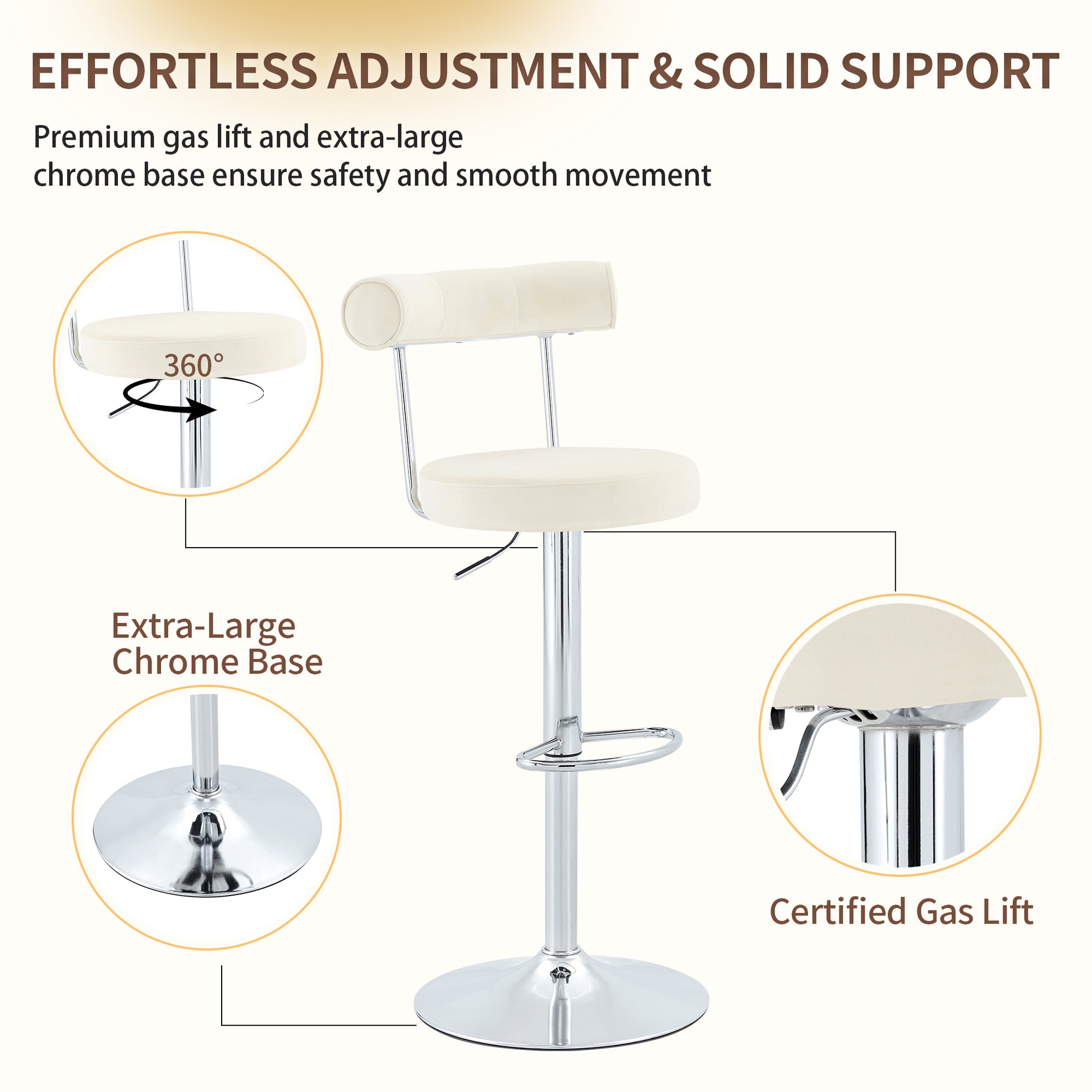 Soft Velvet Upholstered Swivel Adjustable Bar Chair with Chrome Silver Legs - Dining Room Living Room Bar Cafe Reception Desk Bar Stool(Off White, Set of 2) image 5