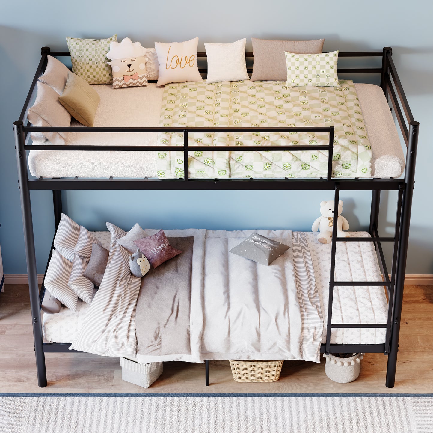 Bunk Bed with Ladder and high Guardrail, Metal Bunk Bed, Storage Space, Noise Free,Twin Over Twin Size,Black image 7