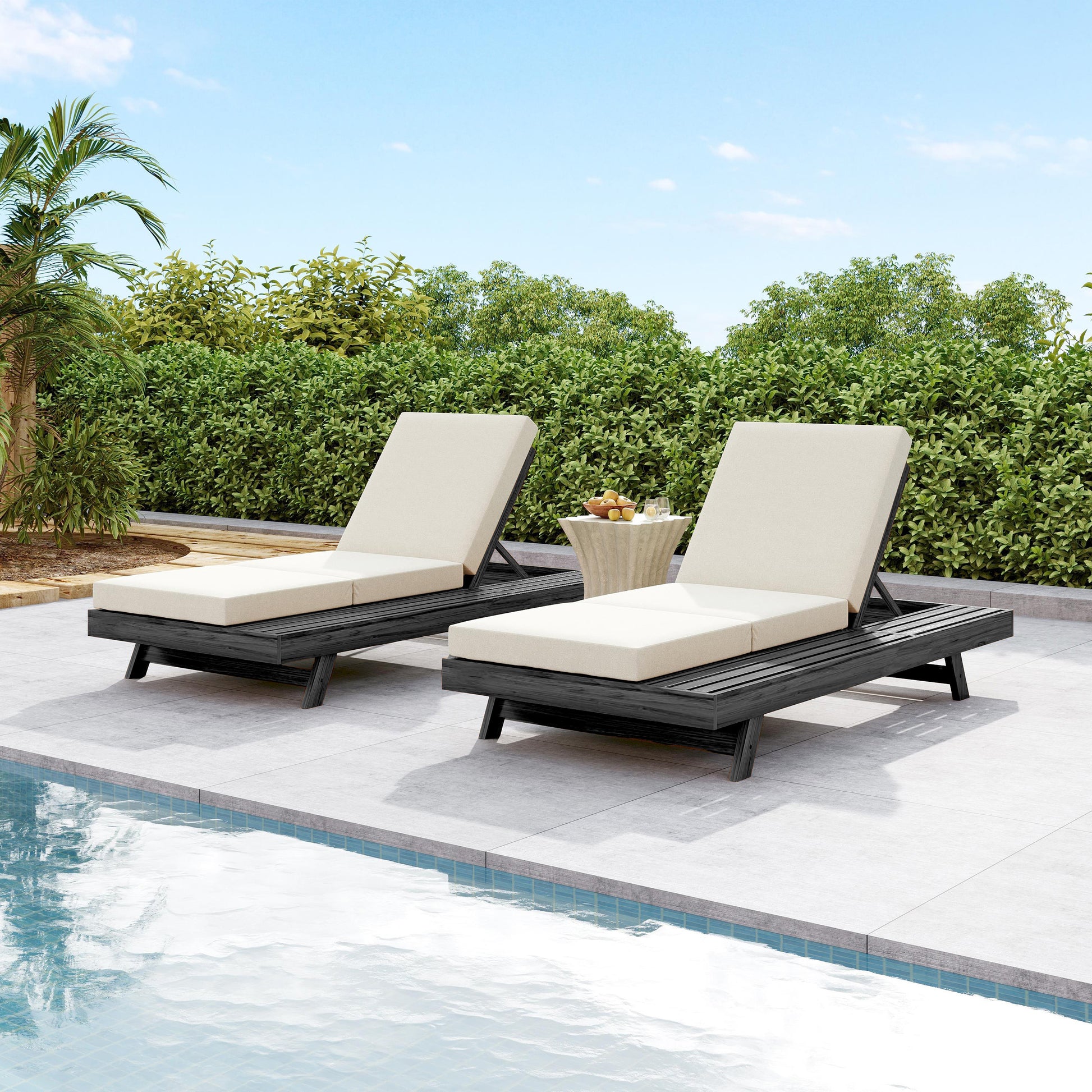 Lounge Chaise Set, Space Available On One Side, Acacia Solid Wood In Black With Lounge Cushion (Cream & Triple Fold) – Matching Dark Grey Version Available image 5