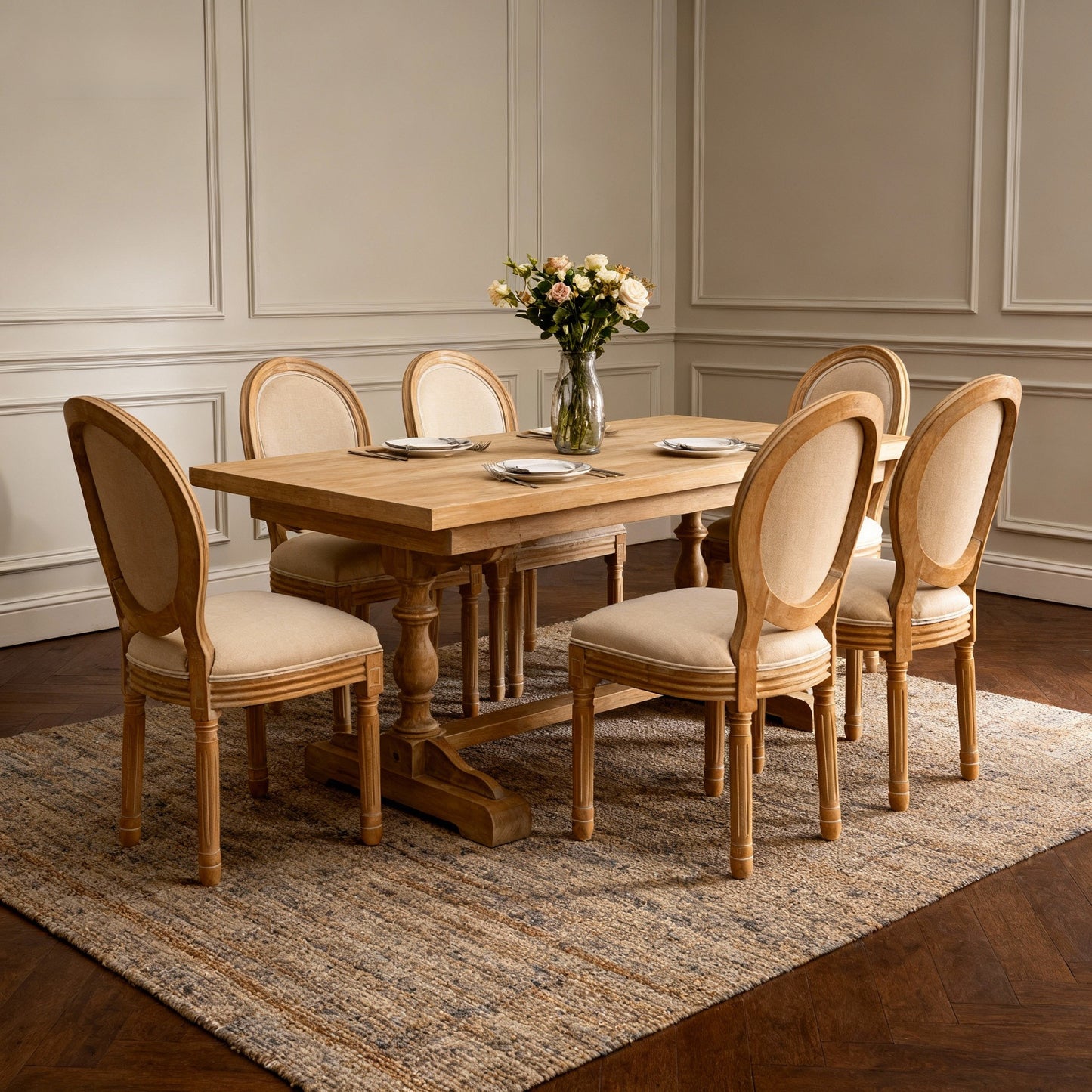French Style Solid Wood Frame Linen Fabric Oval Back Dining Chair,Set of 2,Beige image 8