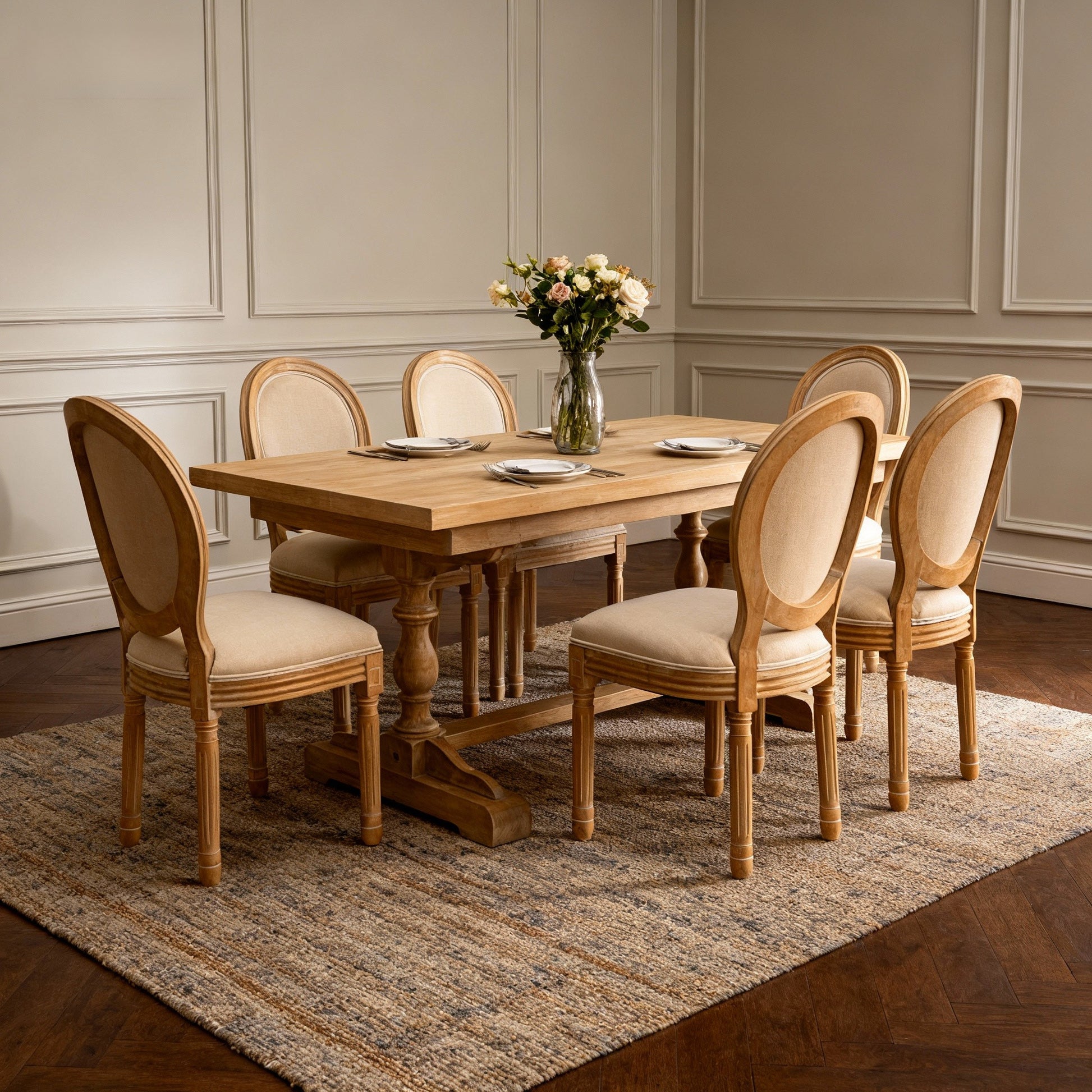 French Style Solid Wood Frame Linen Fabric Oval Back Dining Chair,Set of 2,Beige image 8