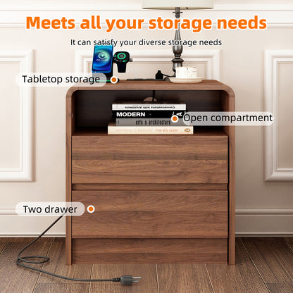25" Tall Modern Nightstand with Charging Station, 23.6'' Wide Wood Bedside Table w/2 Storage Drawers, Large Mid Century End Table for Bedroom, Living Room, Curved Profile Design (WALNUT) image 10
