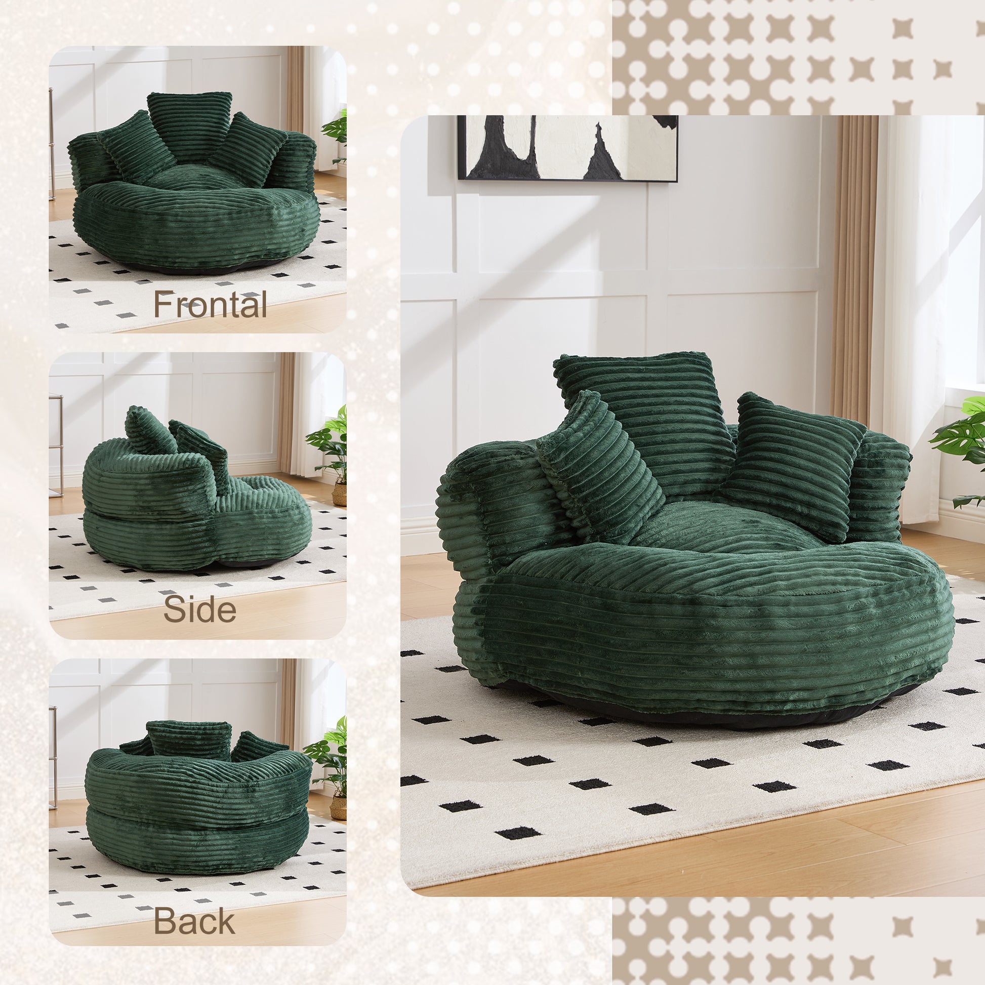 Single Bean Bag Chairs, Bean Bag Sofa for Adults, Kids,Corduroy Bean Bag Chair with 3 Pillows & Armrest,Beanbag Chair & Lazy Sofa with Foam Filler for Bedroom Living Room Dorm image 3