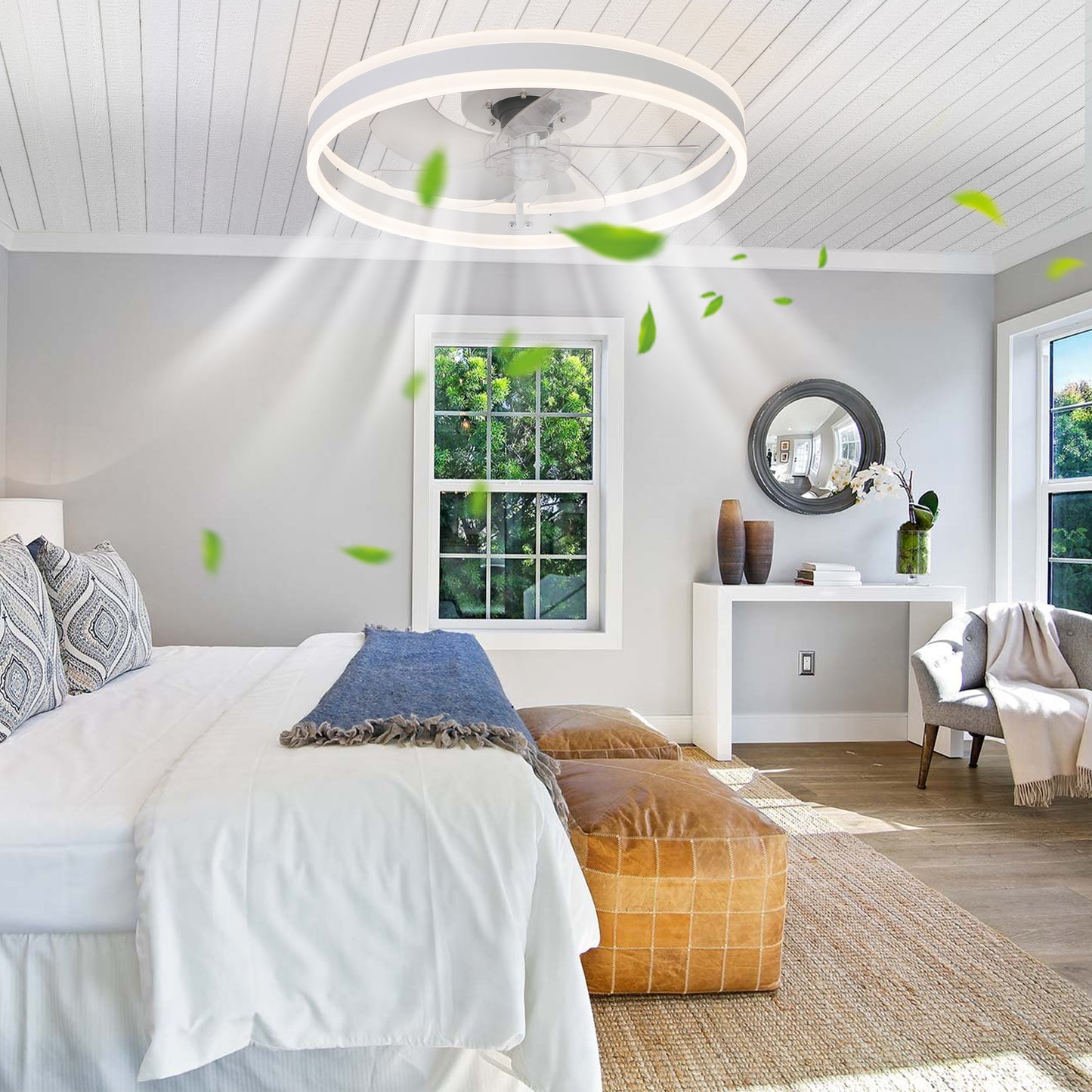 20" Flush Mount Ceiling Fans with Lights and Remote, 3000K-6000K Dimmable LED Fandelier Low Profile Chandelier Ceiling Fan for Bedroom Living Room, White image 1