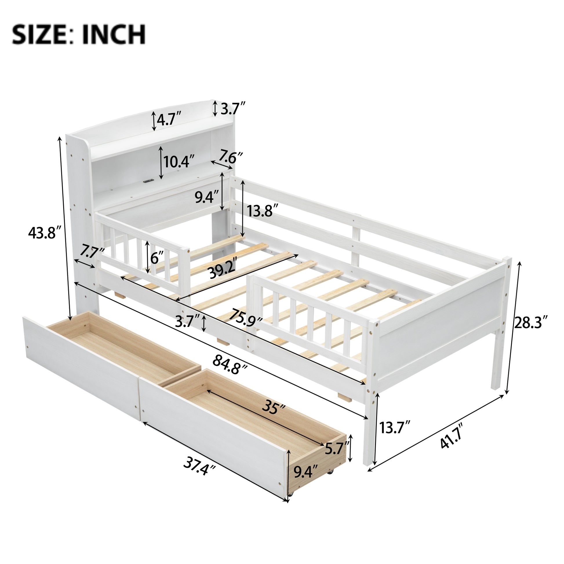 Wood Twin Size Platform Bed with Built-in LED Light, Multi-functional Headboard, Guardrail and 2 Drawers, White image 10