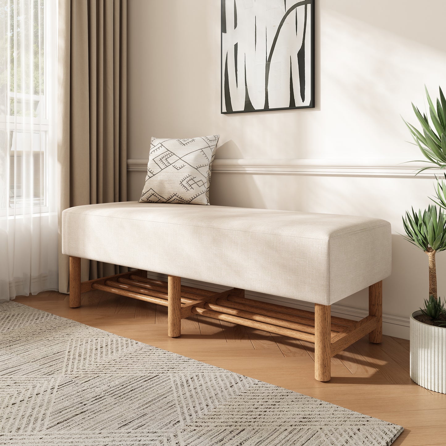 Rectangular Upholstered Linen Fabric Ottoman Bench, Solid Wood Legs, Beige (old sku N757P296699I) image 1