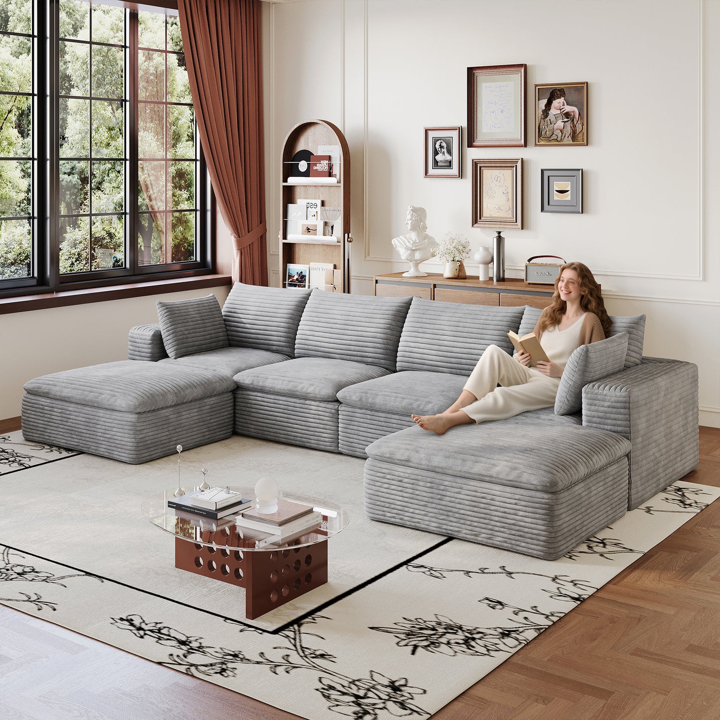 134" Cloud Sofa,Corduroy Fabric,Deep Seat Couches,Double-layer design,Removable Cushion,No Assembly, DIY Combination for Living room, Bedroom,Conference room,Apartment,Grey image 1