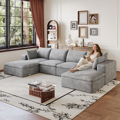134" Cloud Sofa,Corduroy Fabric,Deep Seat Couches,Double-layer design,Removable Cushion,No Assembly, DIY Combination for Living room, Bedroom,Conference room,Apartment,Grey image 1