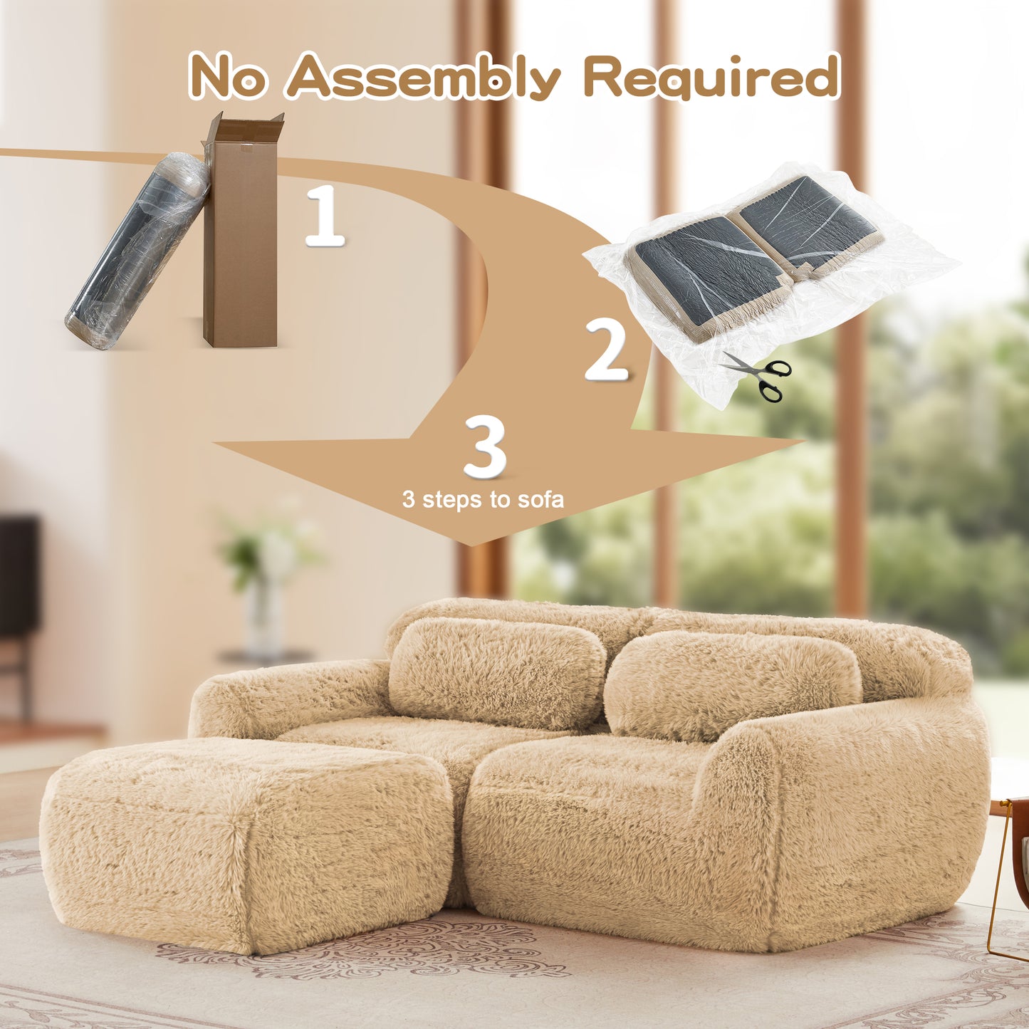L-shaped Boneless Sofa,Soft Fluffy Plush Fabric,With Chaise 32D High Density Sponge,No Assembly Required,Ergonomic Design Bottom Anti-Slip Design,With Throw Pillows,Fits Bedrooms,Light Khaki image 9