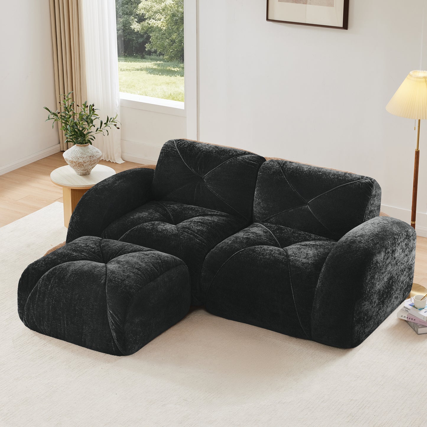 L-shaped Boneless Sofa,Soft Velvet Fabric,Tufted Design,32D High Density Sponge,No Assembly Required,Ergonomic Design Bottom, Anti-Slip Design,Movable Ottoman For Bedrooms,Black image 1