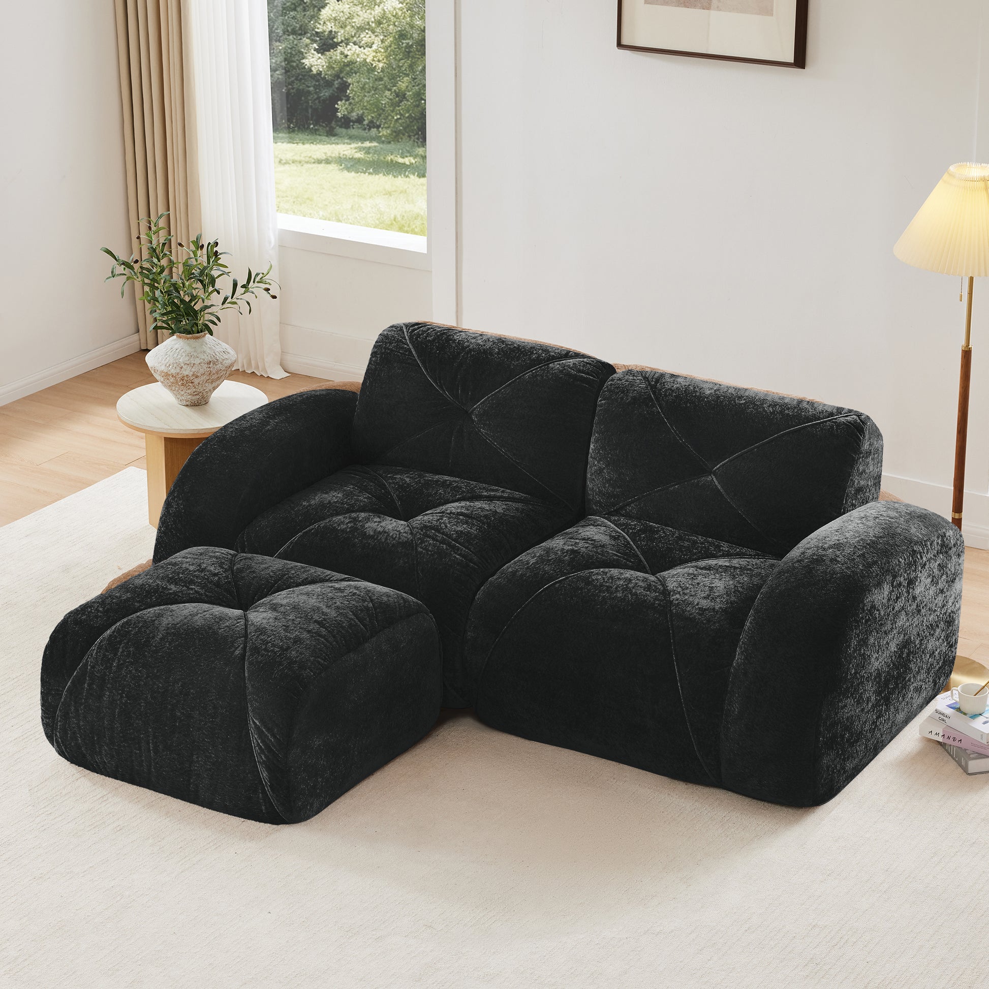 L-shaped Boneless Sofa,Soft Velvet Fabric,Tufted Design,32D High Density Sponge,No Assembly Required,Ergonomic Design Bottom, Anti-Slip Design,Movable Ottoman For Bedrooms,Black image 1