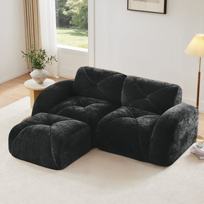 L-shaped Boneless Sofa,Soft Velvet Fabric,Tufted Design,32D High Density Sponge,No Assembly Required,Ergonomic Design Bottom, Anti-Slip Design,Movable Ottoman For Bedrooms,Black image 1