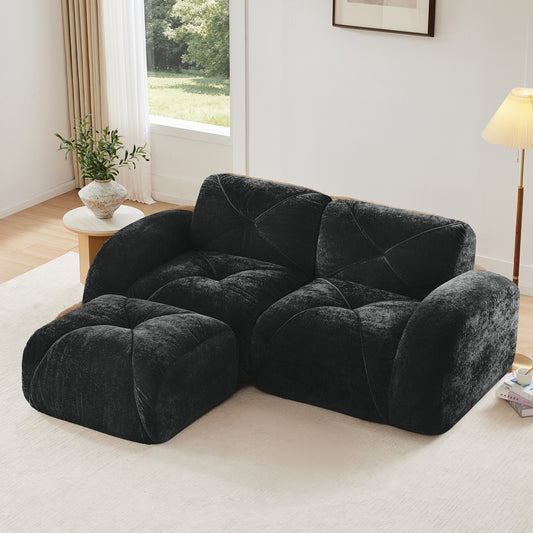 L-shaped boneless sofa black velvet tufted design front view