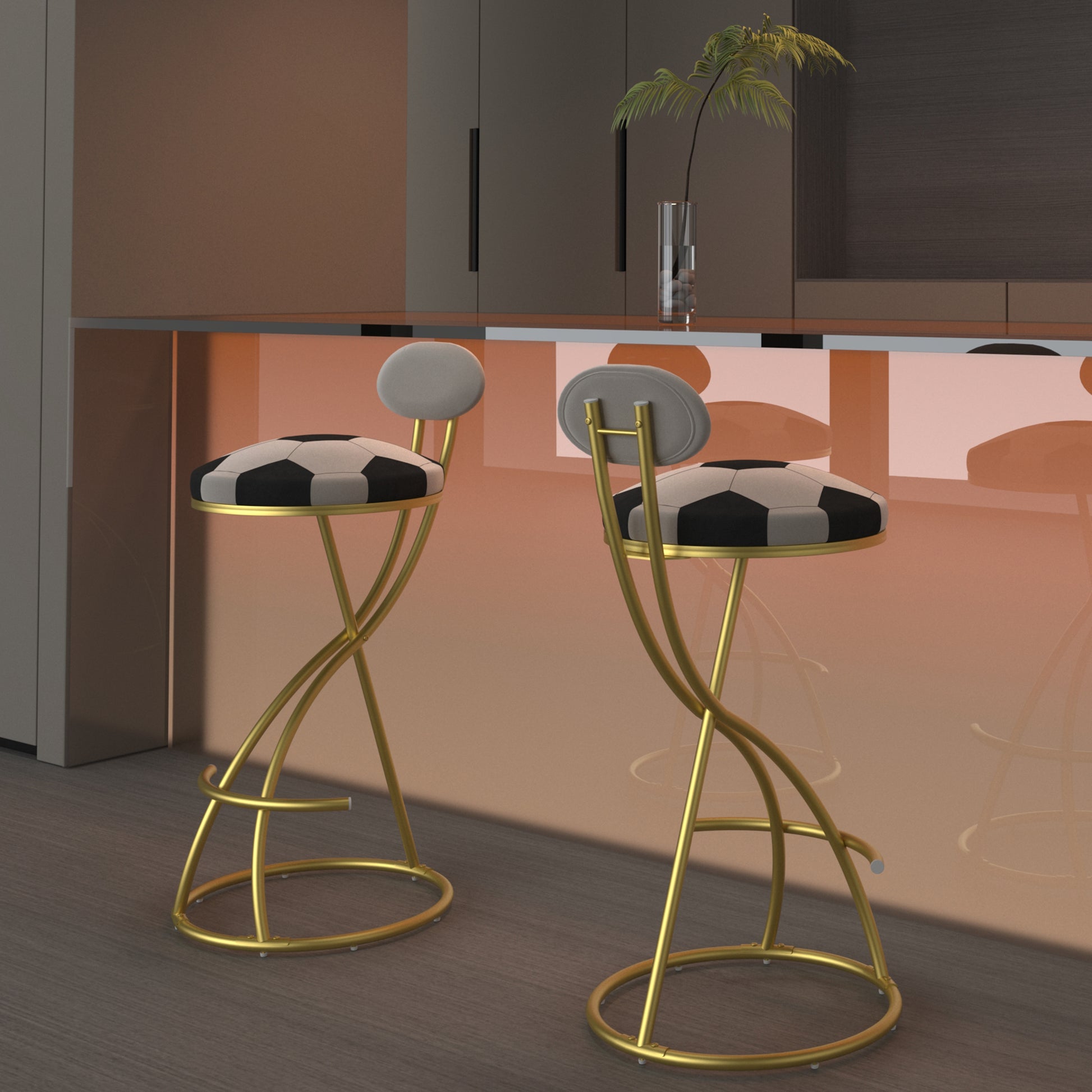 Football Print Bar Stools Set of 2 Upholstered Counter Height Barstool for Kitchen Island S-shaped Velvet Metal Dining Chairs (Gold Frame & Creamy White Back) image 6
