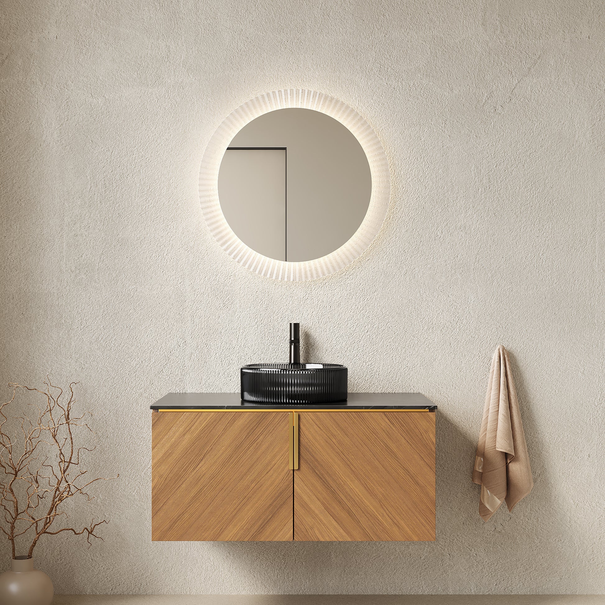 ARAI 36" Bathroom Vanity&Sink, Modern Wall-Mounted Plywood Bathroom Storage Cabinet with Double Doors, Transparent Black Round Glass Basin & Black Sintered Stone Countertop, Brown Oak Woodgrain Color image 1