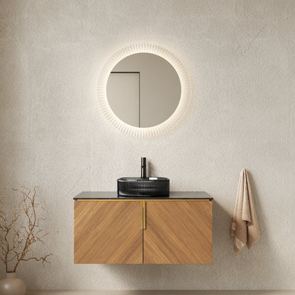 ARAI 36" Bathroom Vanity&Sink, Modern Wall-Mounted Plywood Bathroom Storage Cabinet with Double Doors, Transparent Black Round Glass Basin & Black Sintered Stone Countertop, Brown Oak Woodgrain Color image 1