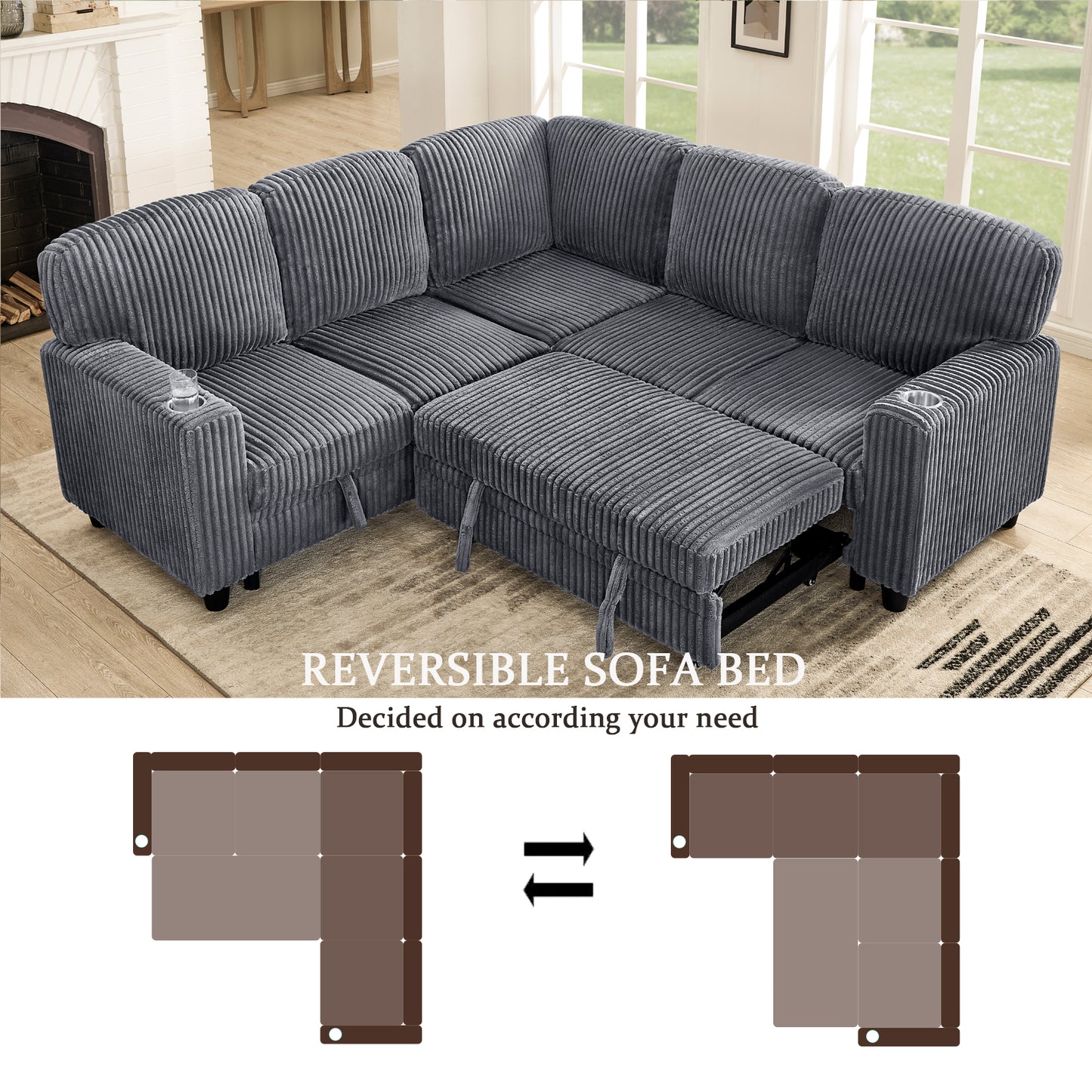 L-Shaped Sectional Sofa Bed with Pull-Out Bed & Storage, 5-Seat Sleeper Couch with USB Charging, Convertible Design for Living Room, Apartment, Corduroy Fabric, Grey image 8