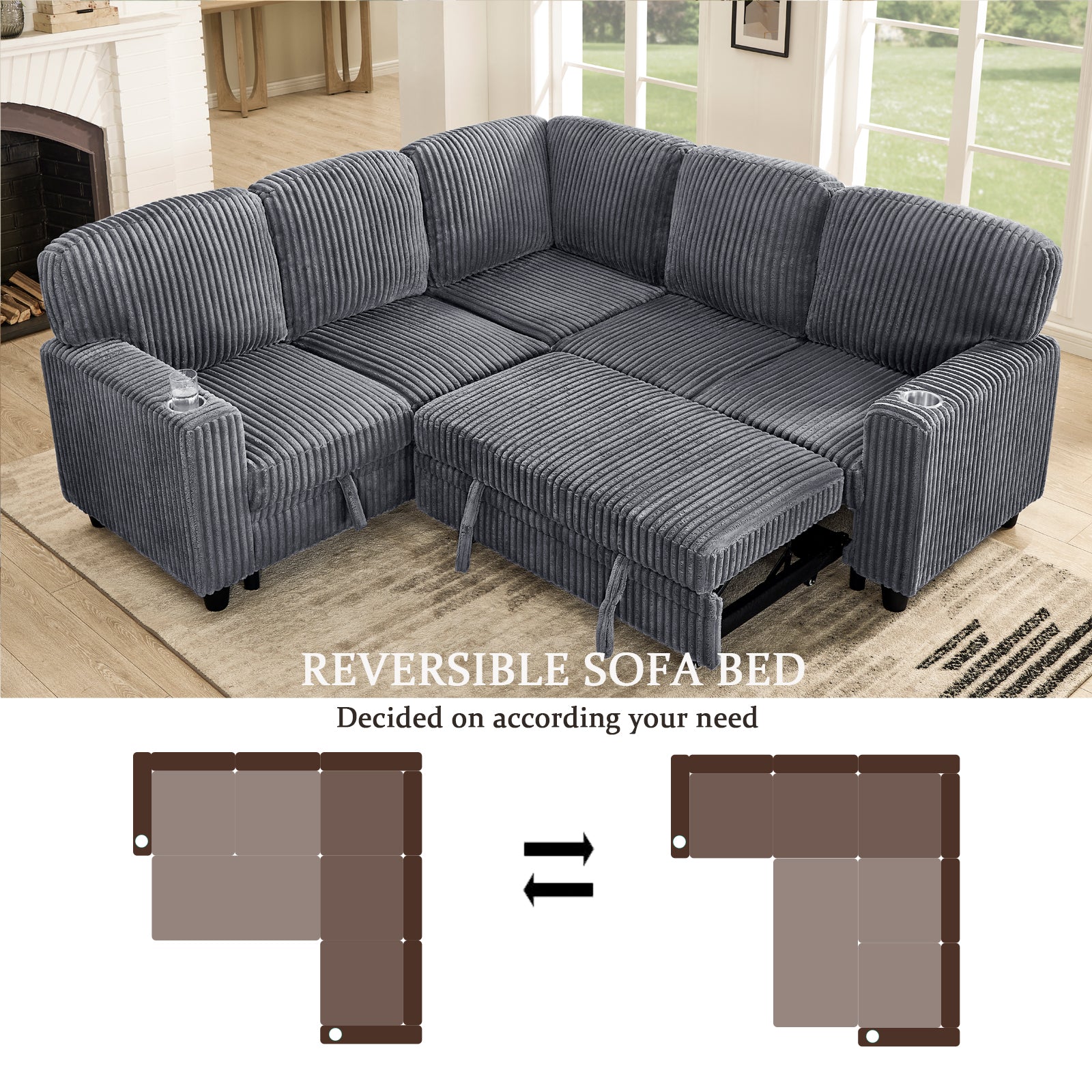L-Shaped Sectional Sofa Bed with Pull-Out Bed & Storage, 5-Seat Sleeper Couch with USB Charging, Convertible Design for Living Room, Apartment, Corduroy Fabric, Grey image 8