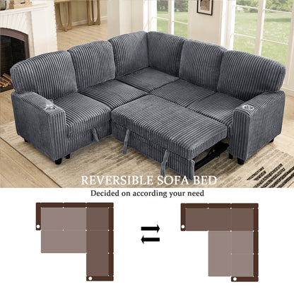 L-Shaped Sectional Sofa Bed with Pull-Out Bed & Storage, 5-Seat Sleeper Couch with USB Charging, Convertible Design for Living Room, Apartment, Corduroy Fabric, Grey image 8